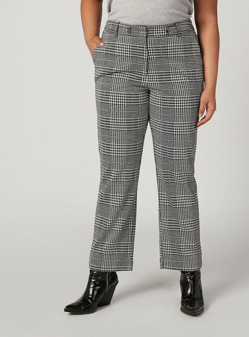 بنطلون كاروهات طويل بخصر متوسط الارتفاع وتفاصيل جيوب-women-clothing-bottoms-trousers-image-1