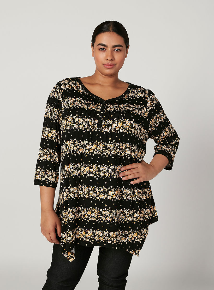تيشيرت بقصّة واسعة وياقة V وأكمام 4/3 وطبعات زهرية-women-clothing-tshirts-image-1