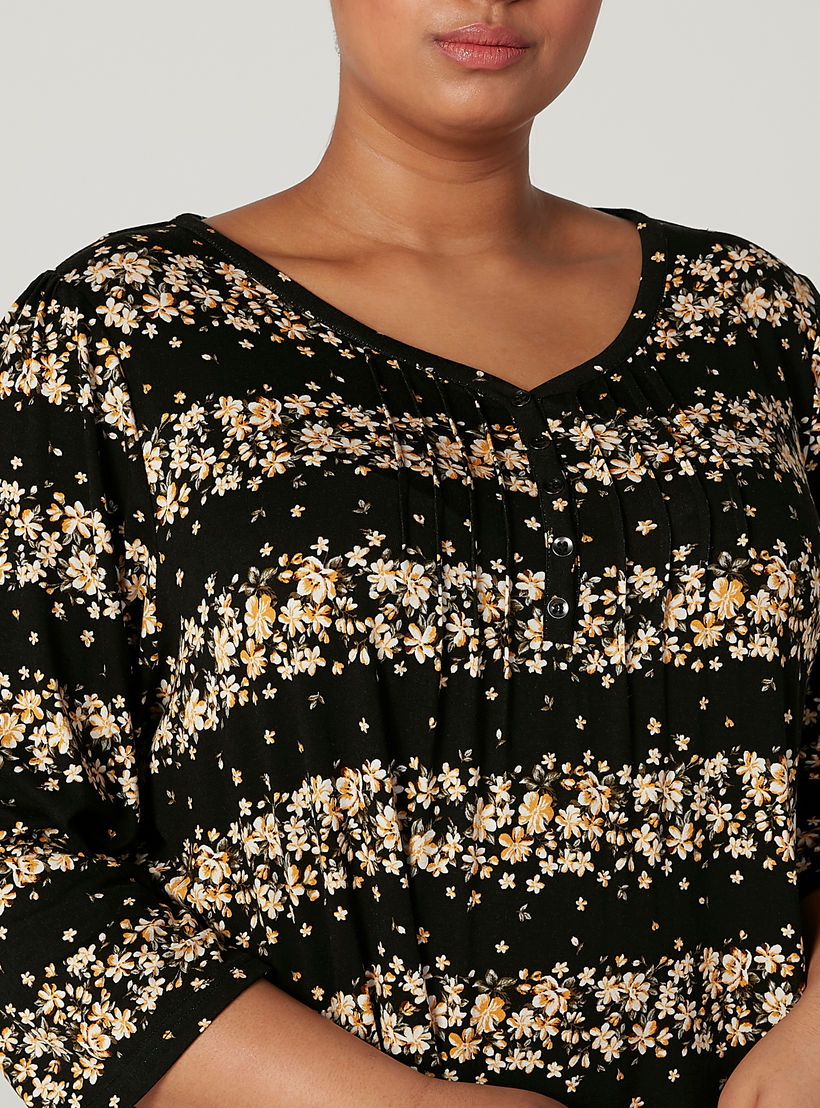 تيشيرت بقصّة واسعة وياقة V وأكمام 4/3 وطبعات زهرية-women-clothing-tshirts-image-3