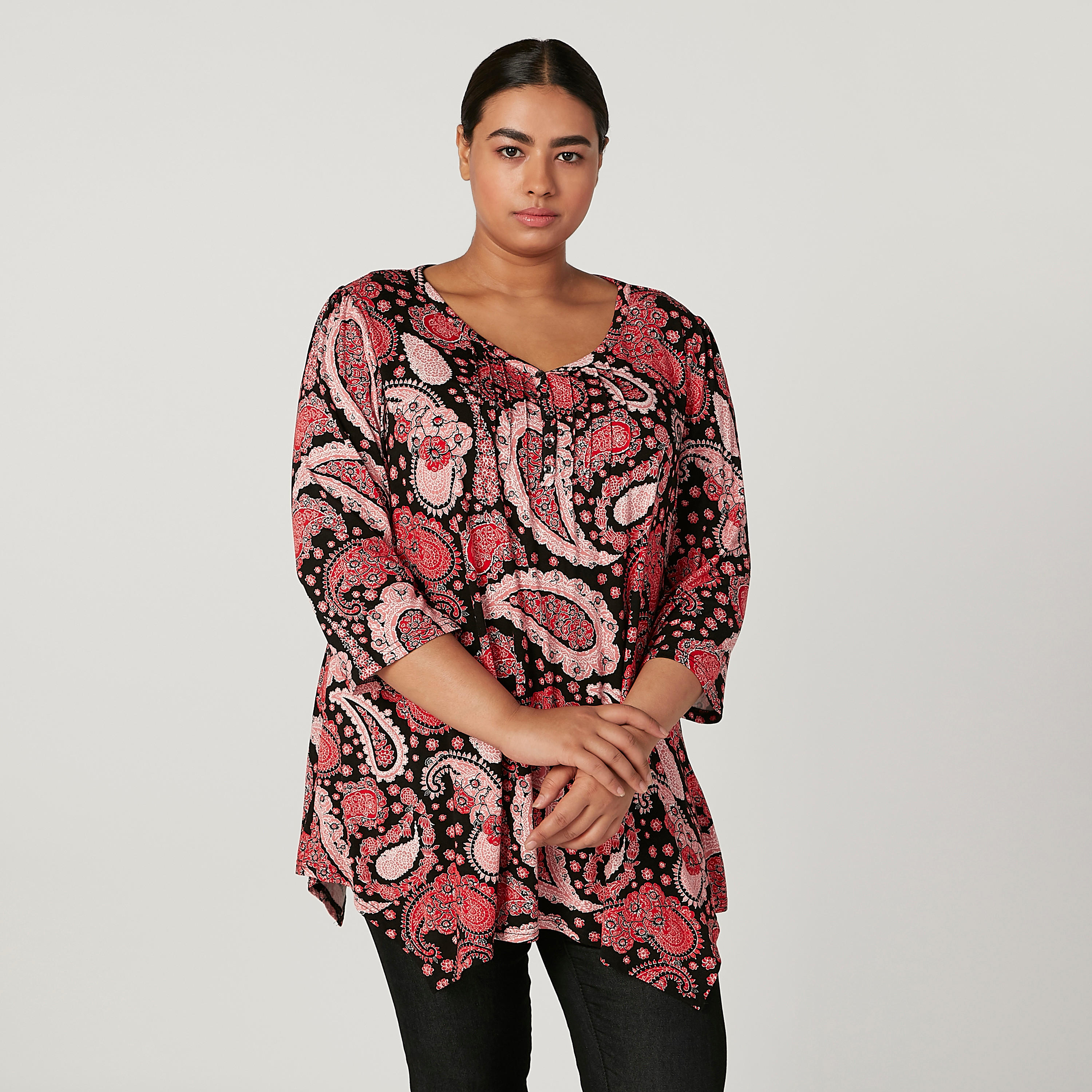 Wide Fit Printed Top with V-neck and 3/4 Sleeves-women-clothing-shirtsandblouses-blouses-image-1