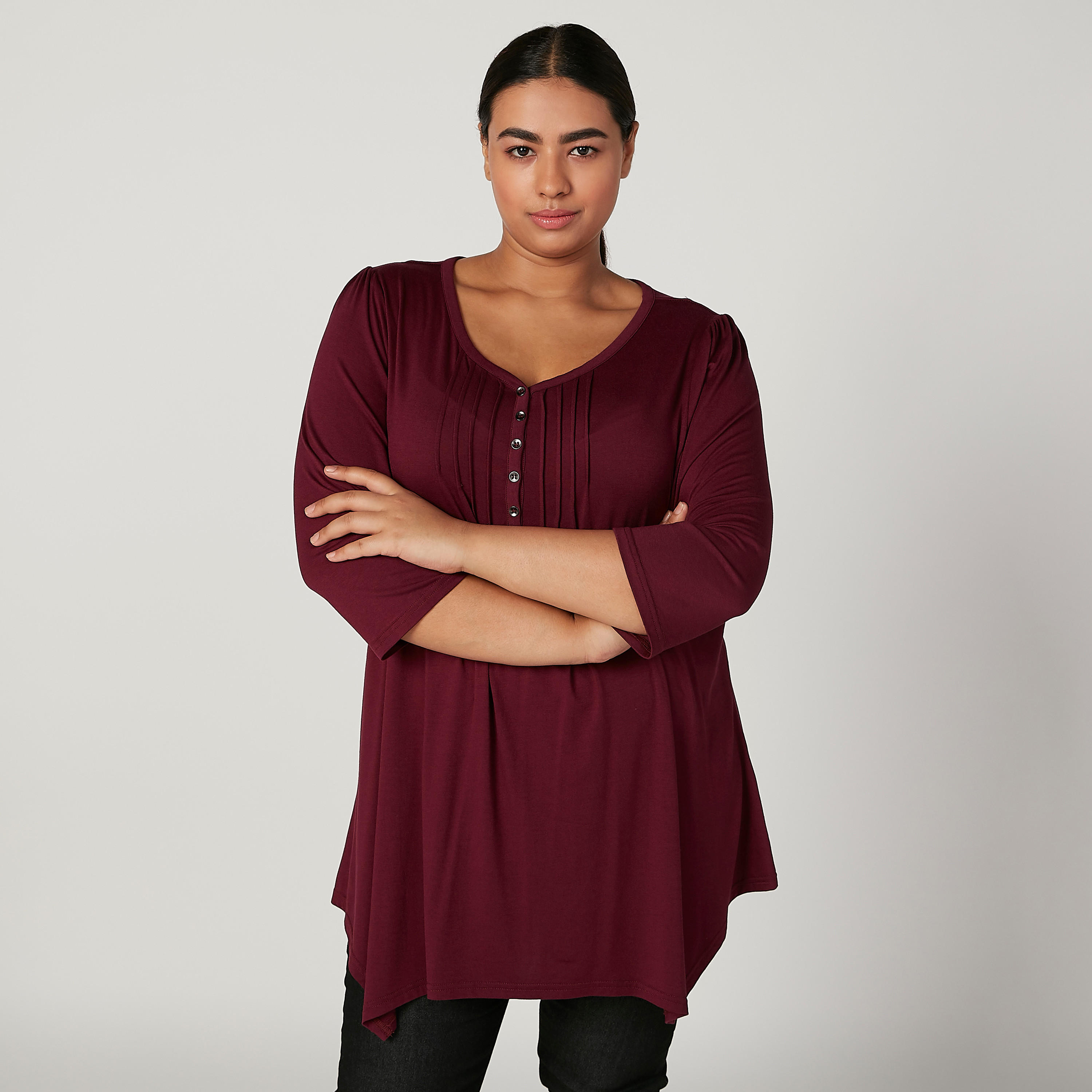 Wide Fit Plain Top with V-neck and 3/4 Sleeves-women-clothing-shirtsandblouses-blouses-image-1