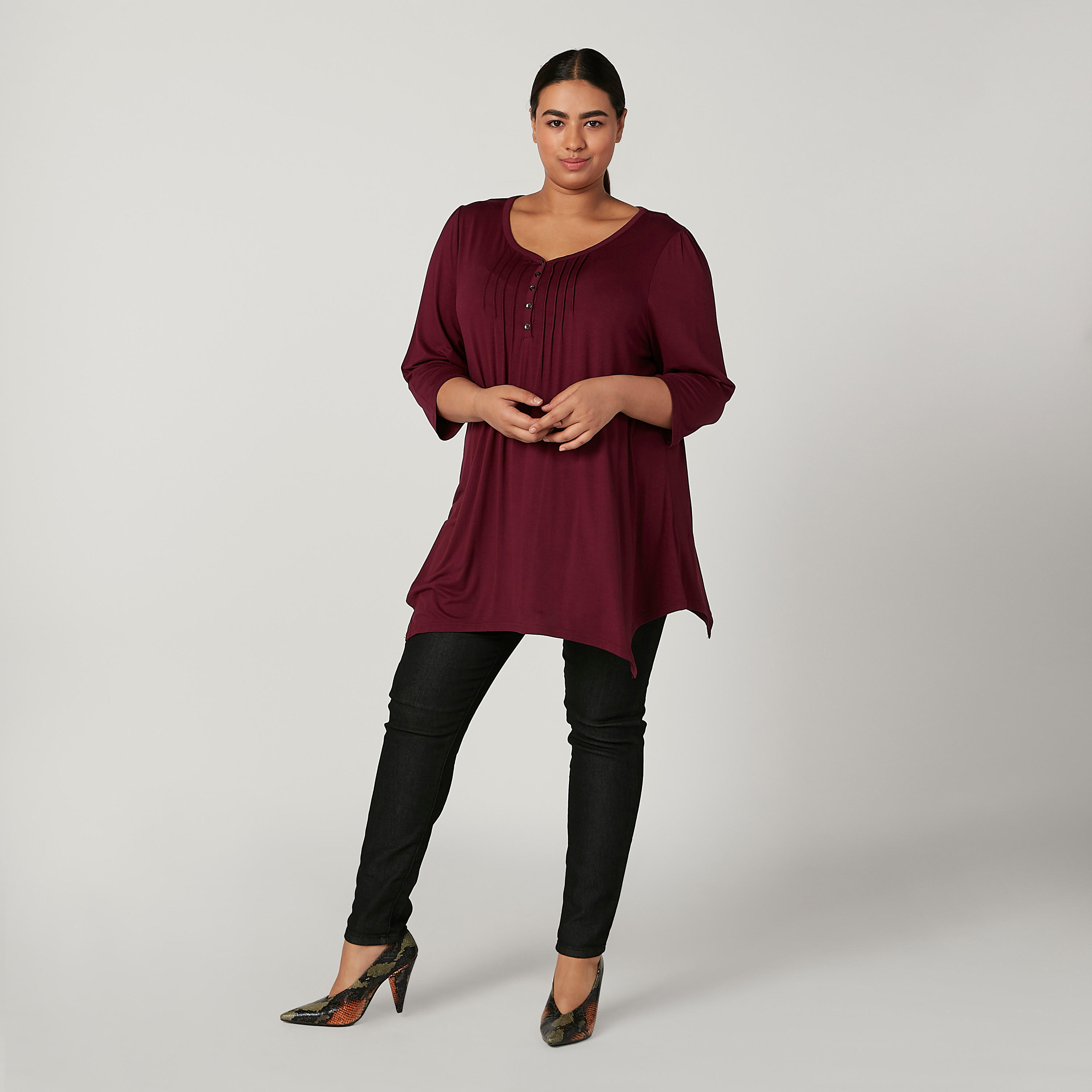Wide Fit Plain Top with V-neck and 3/4 Sleeves-women-clothing-shirtsandblouses-blouses-image-2