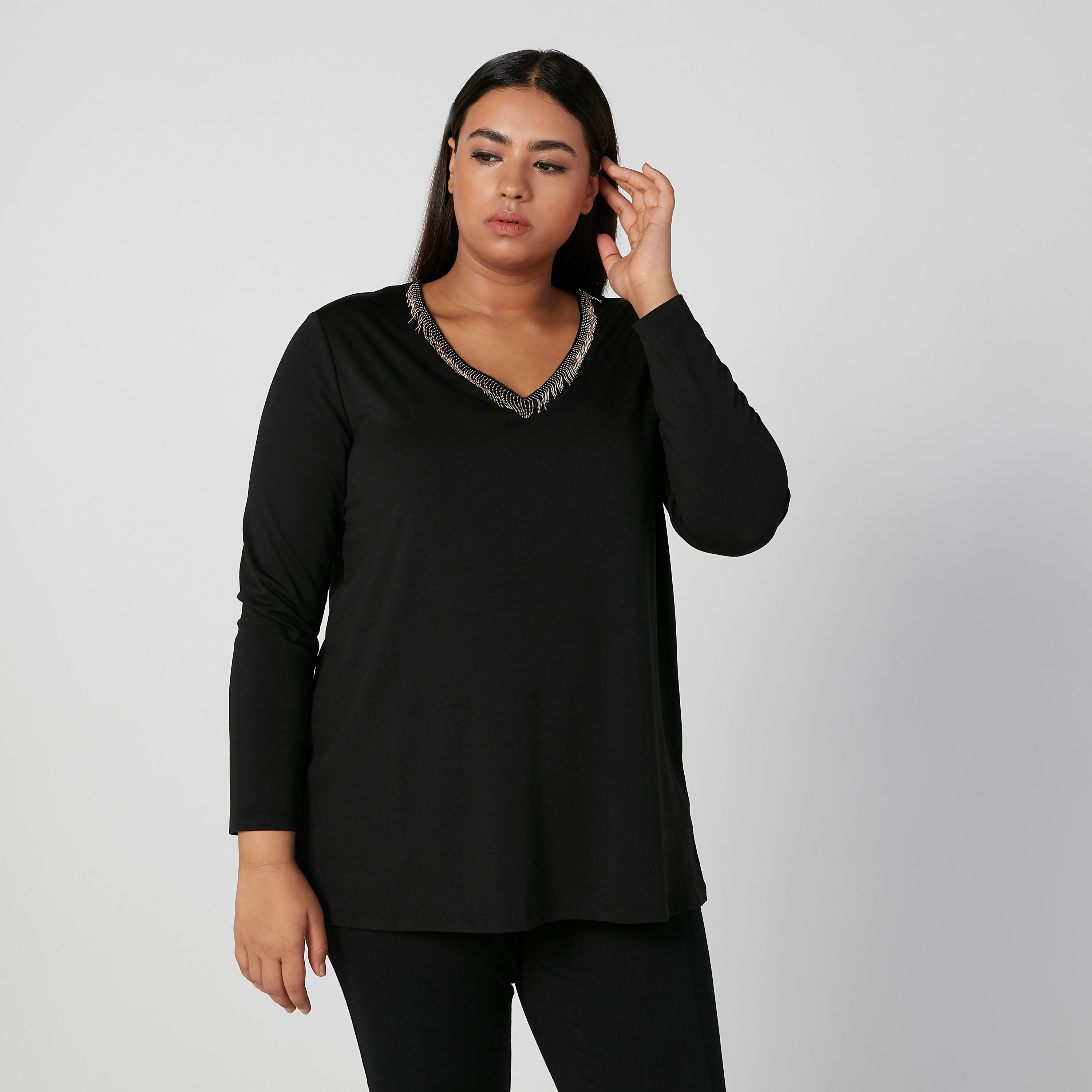 Embellished Top with V-neck and Long Sleeves-women-clothing-shirtsandblouses-blouses-image-1