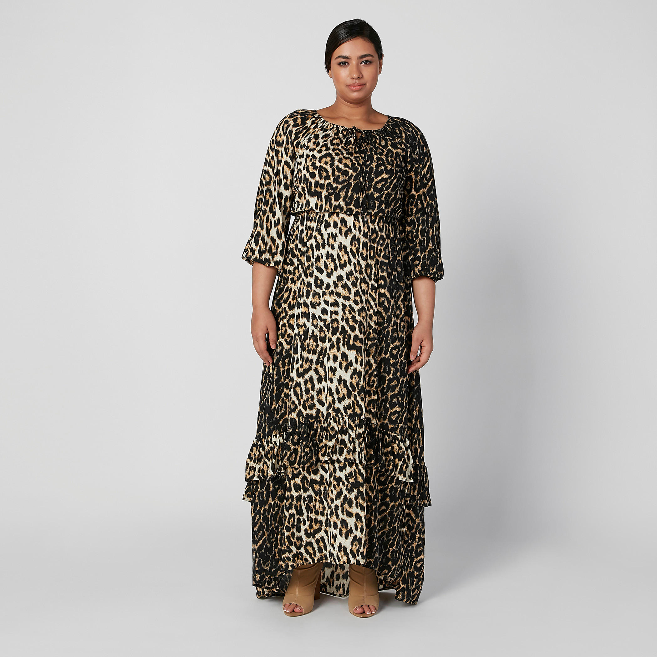 فستان طويل إيه لاين بياقة مستديرة وأكمام 3/4 وطبعات حيوانات-women-clothing-dresses-image-1