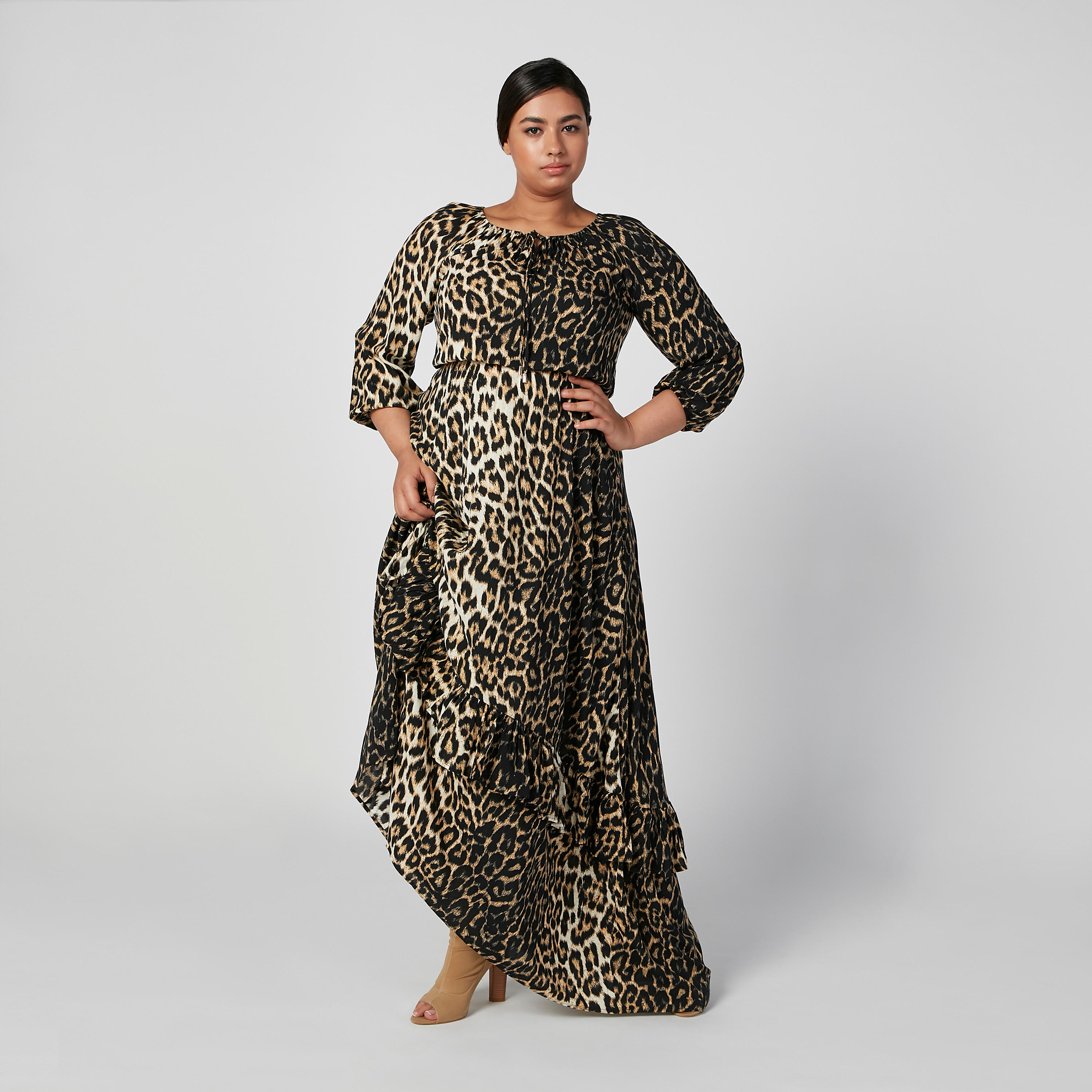 فستان طويل إيه لاين بياقة مستديرة وأكمام 3/4 وطبعات حيوانات-women-clothing-dresses-image-2