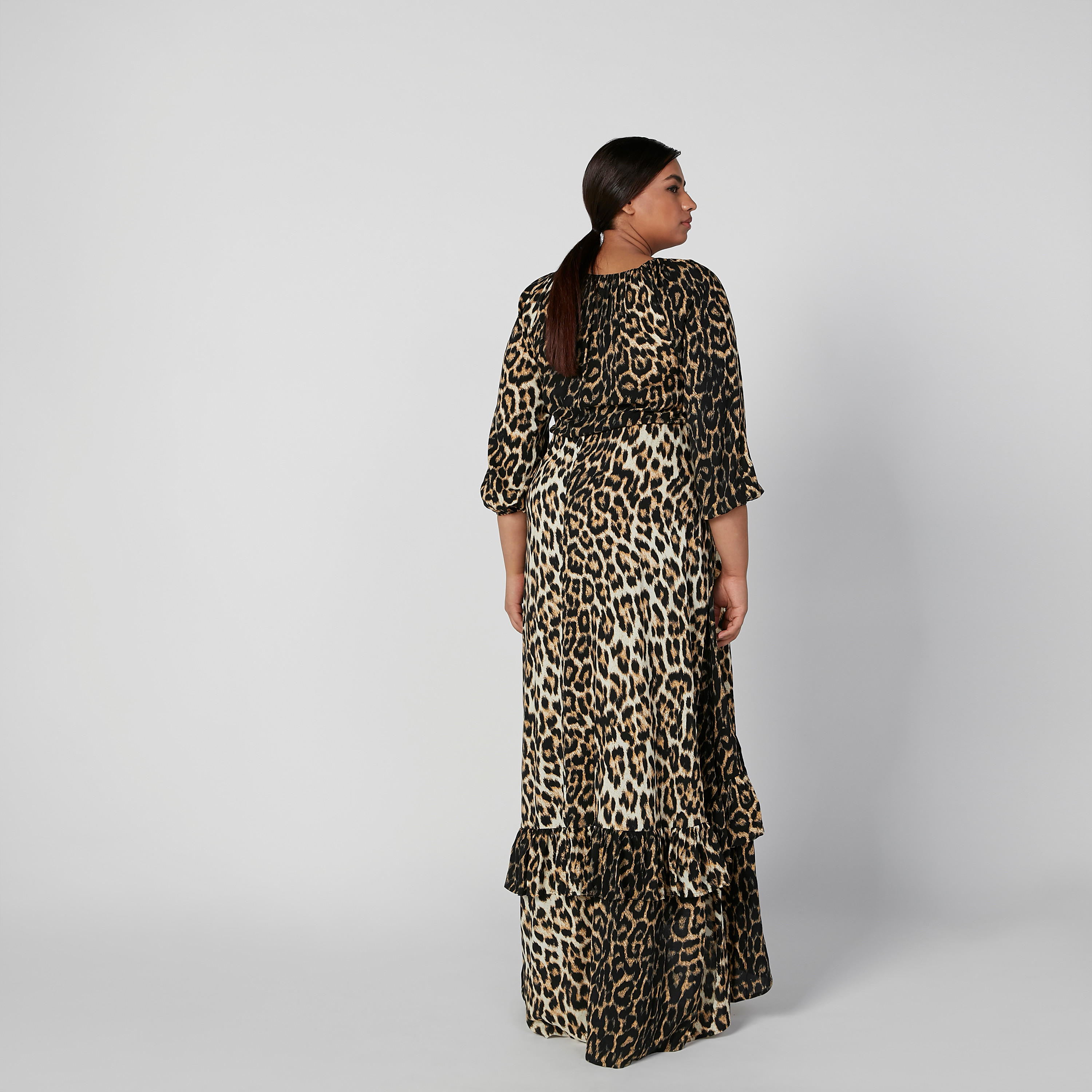 فستان طويل إيه لاين بياقة مستديرة وأكمام 3/4 وطبعات حيوانات-women-clothing-dresses-image-4