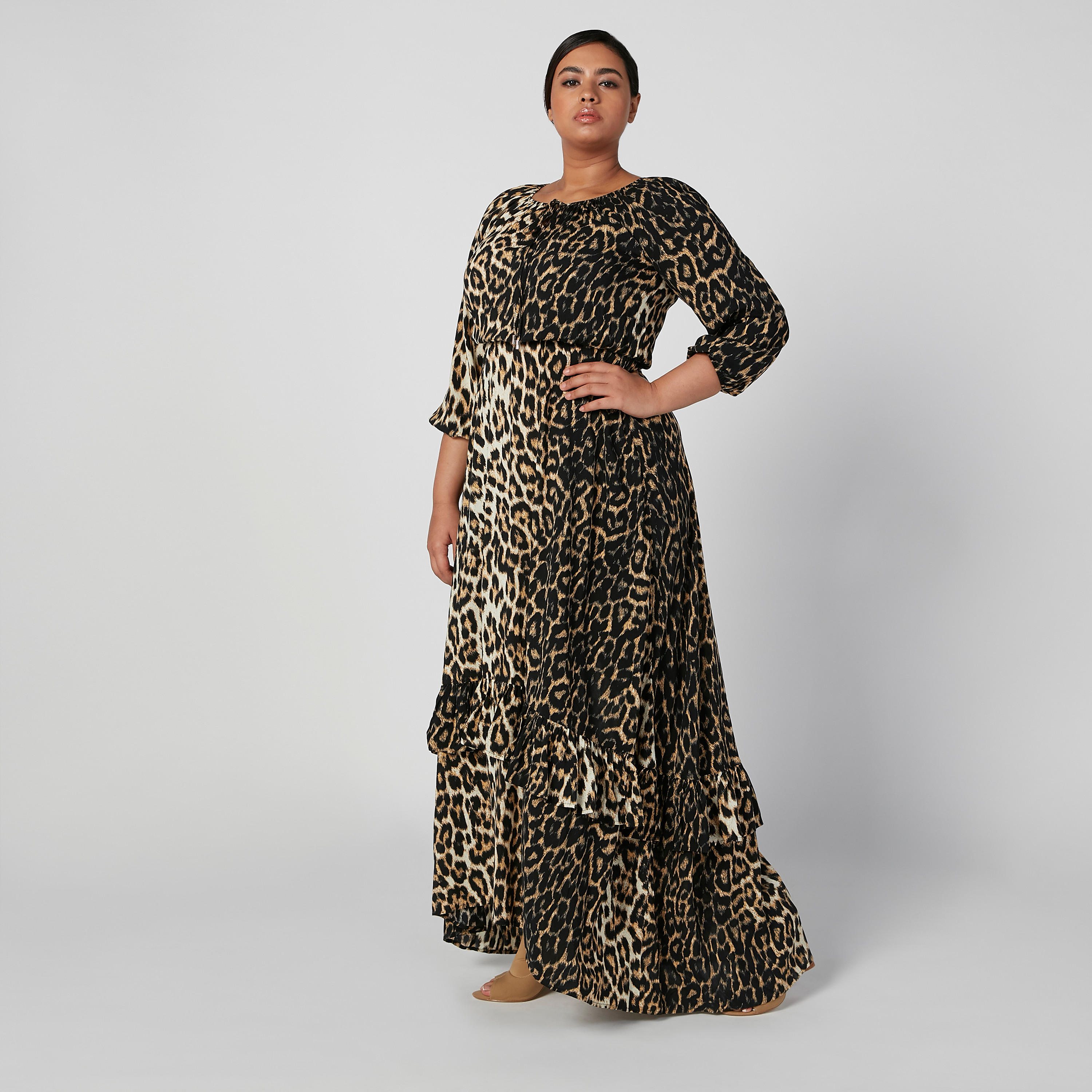فستان طويل إيه لاين بياقة مستديرة وأكمام 3/4 وطبعات حيوانات-women-clothing-dresses-image-5