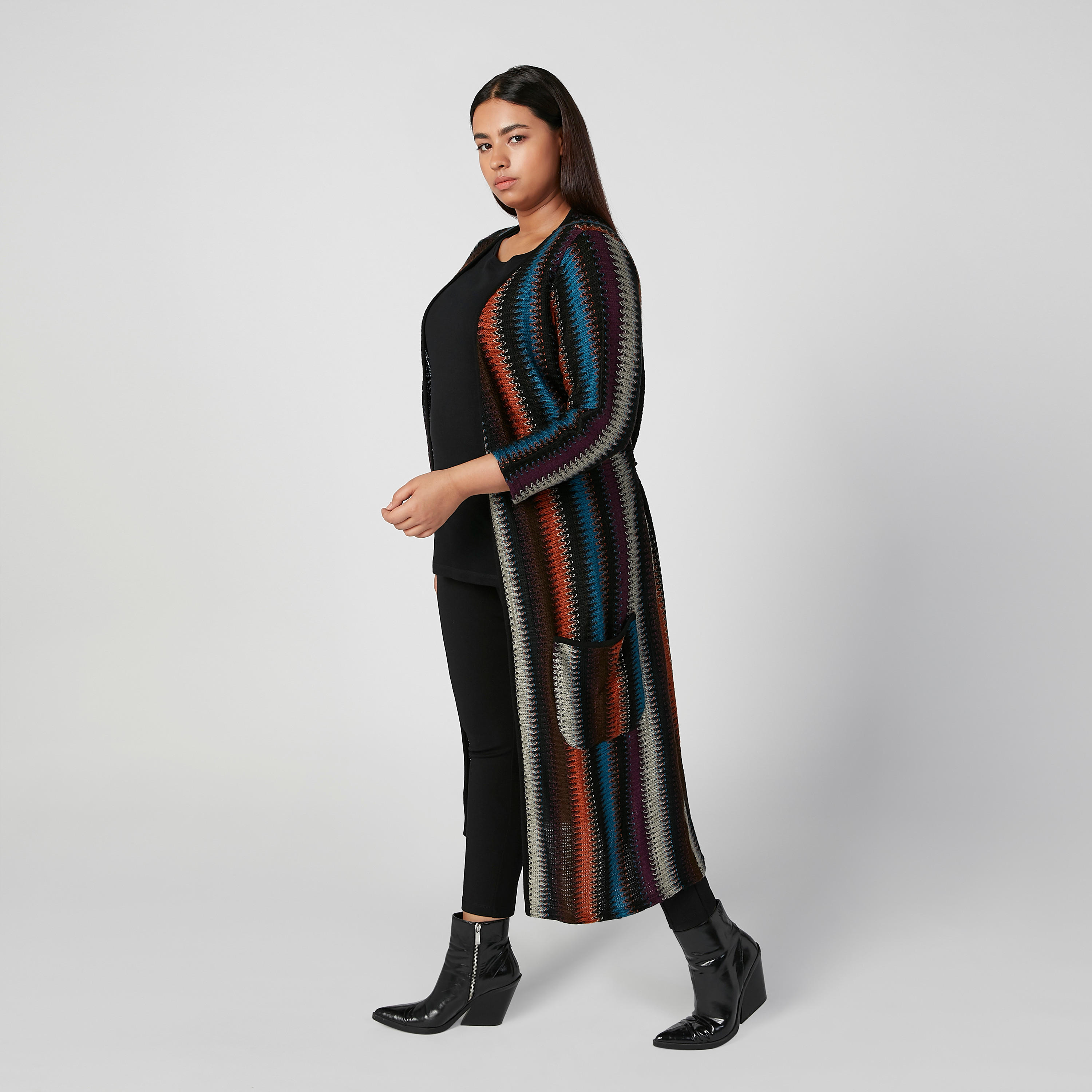 كارديجان طويل بارز الملمس بأكمام طويلة وجيوب-women-winterwear-cardigansandjumpers-cardigans-image-3
