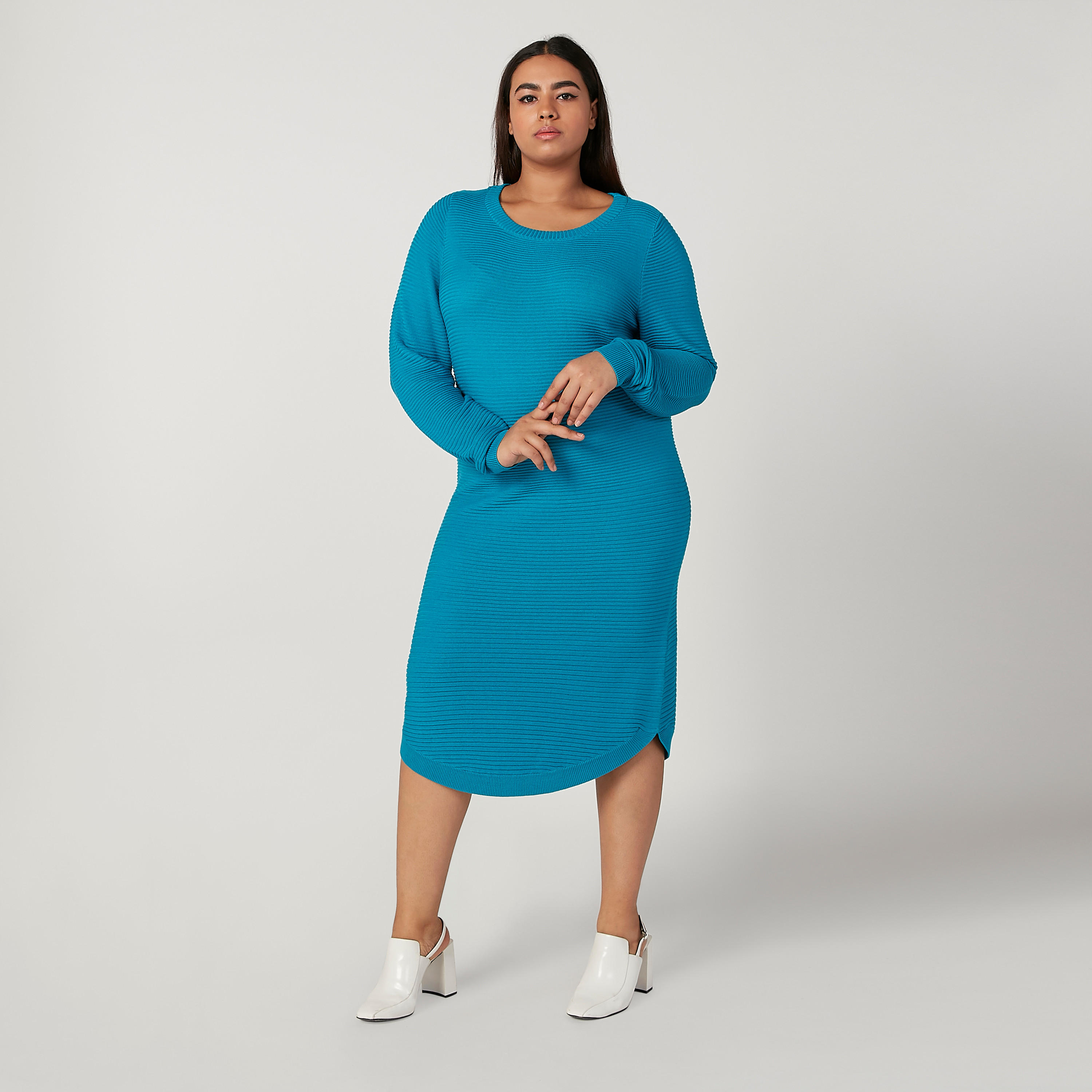 فستان واسع متوسط الطول بارز الملمس بياقة مستديرة وأكمام طويلة-women-clothing-dresses-image-1