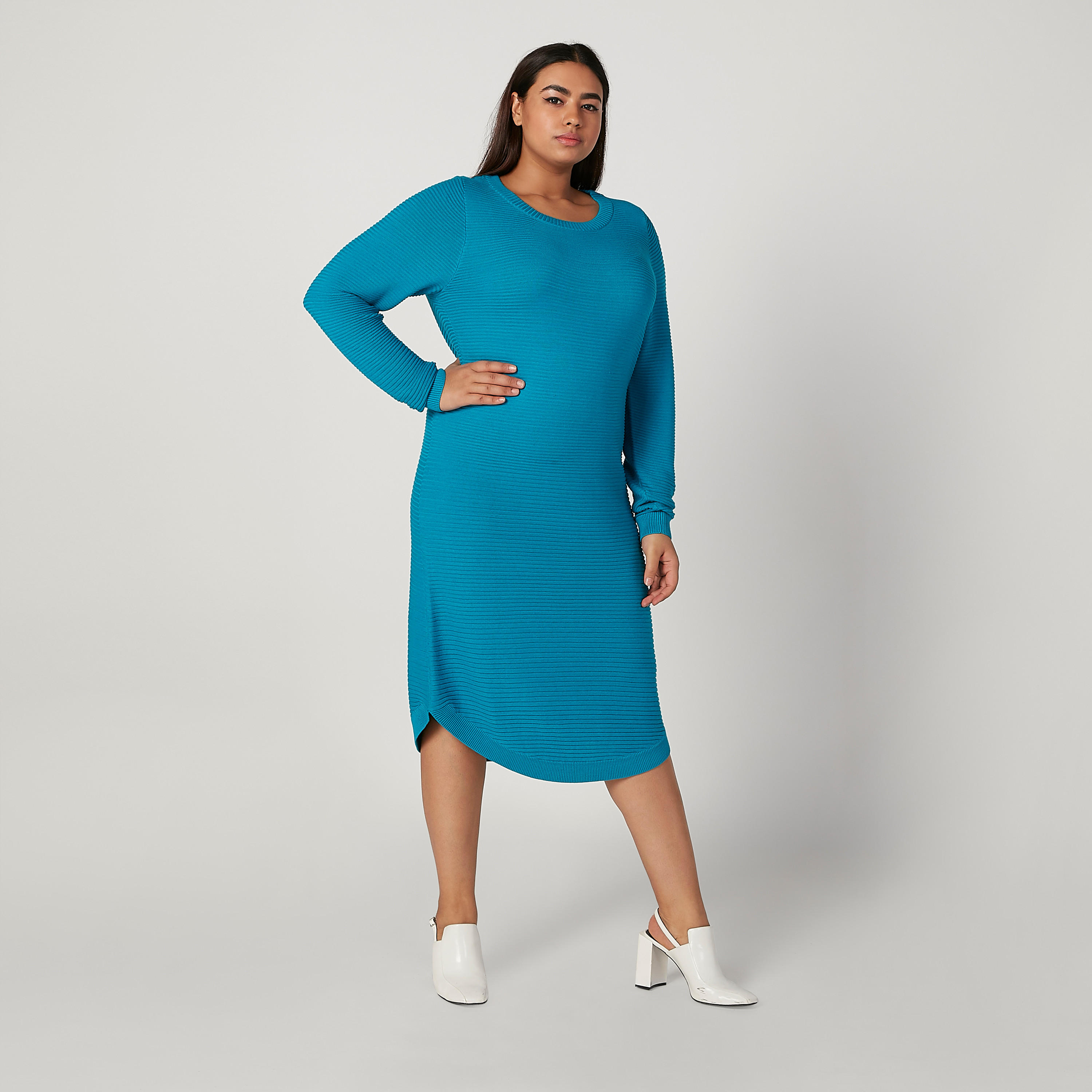 فستان واسع متوسط الطول بارز الملمس بياقة مستديرة وأكمام طويلة-women-clothing-dresses-image-2