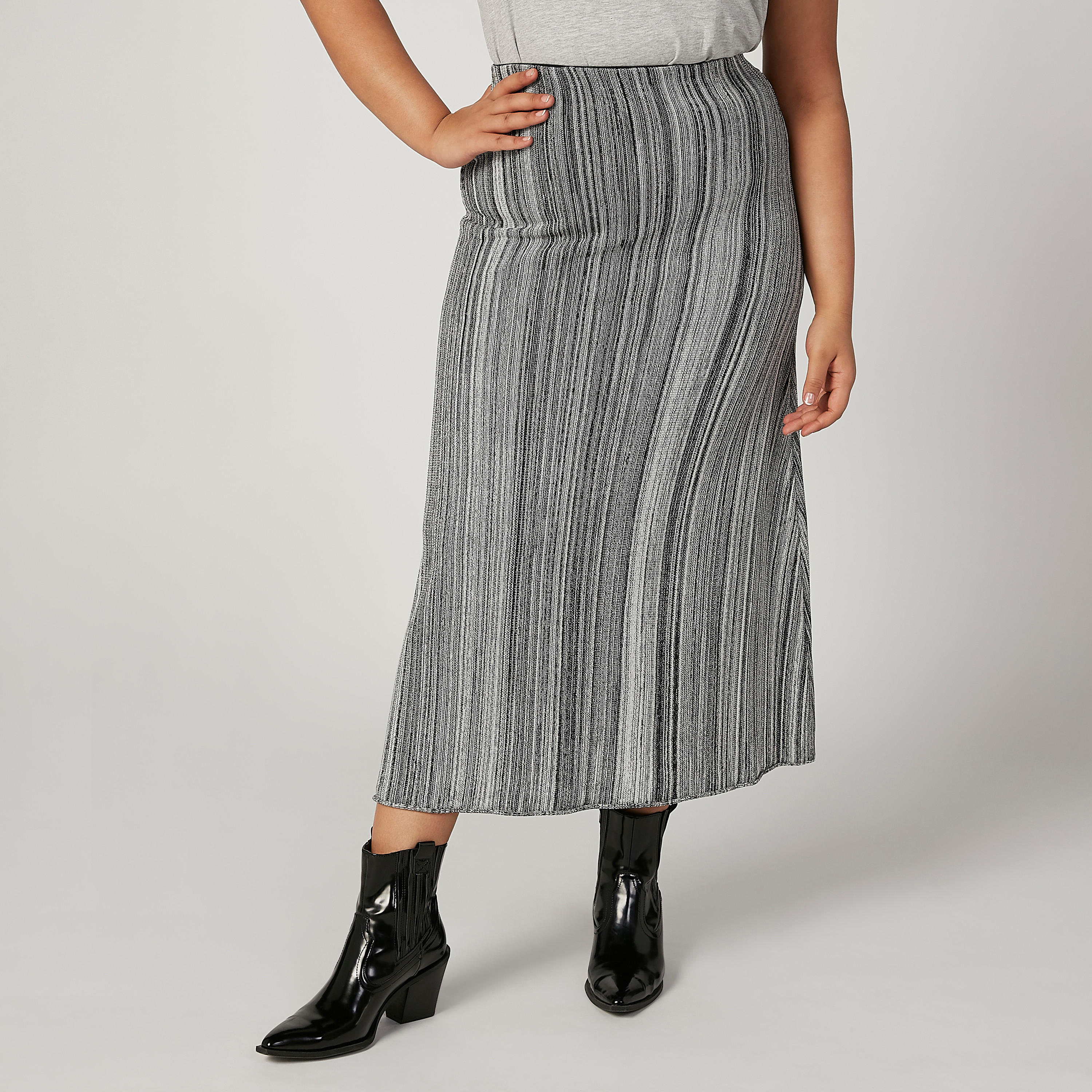 تنورة مقلّمة إيه لاين متوسطة الطول بخصر مطّاطي-women-clothing-bottoms-skirts-image-1