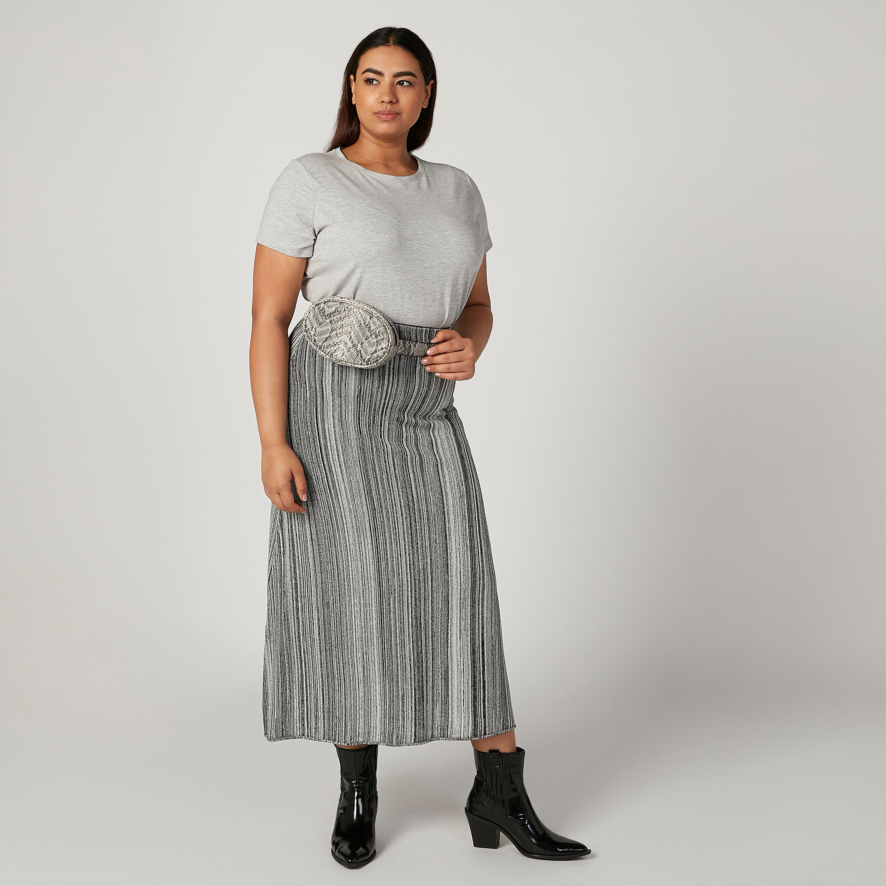 تنورة مقلّمة إيه لاين متوسطة الطول بخصر مطّاطي-women-clothing-bottoms-skirts-image-2