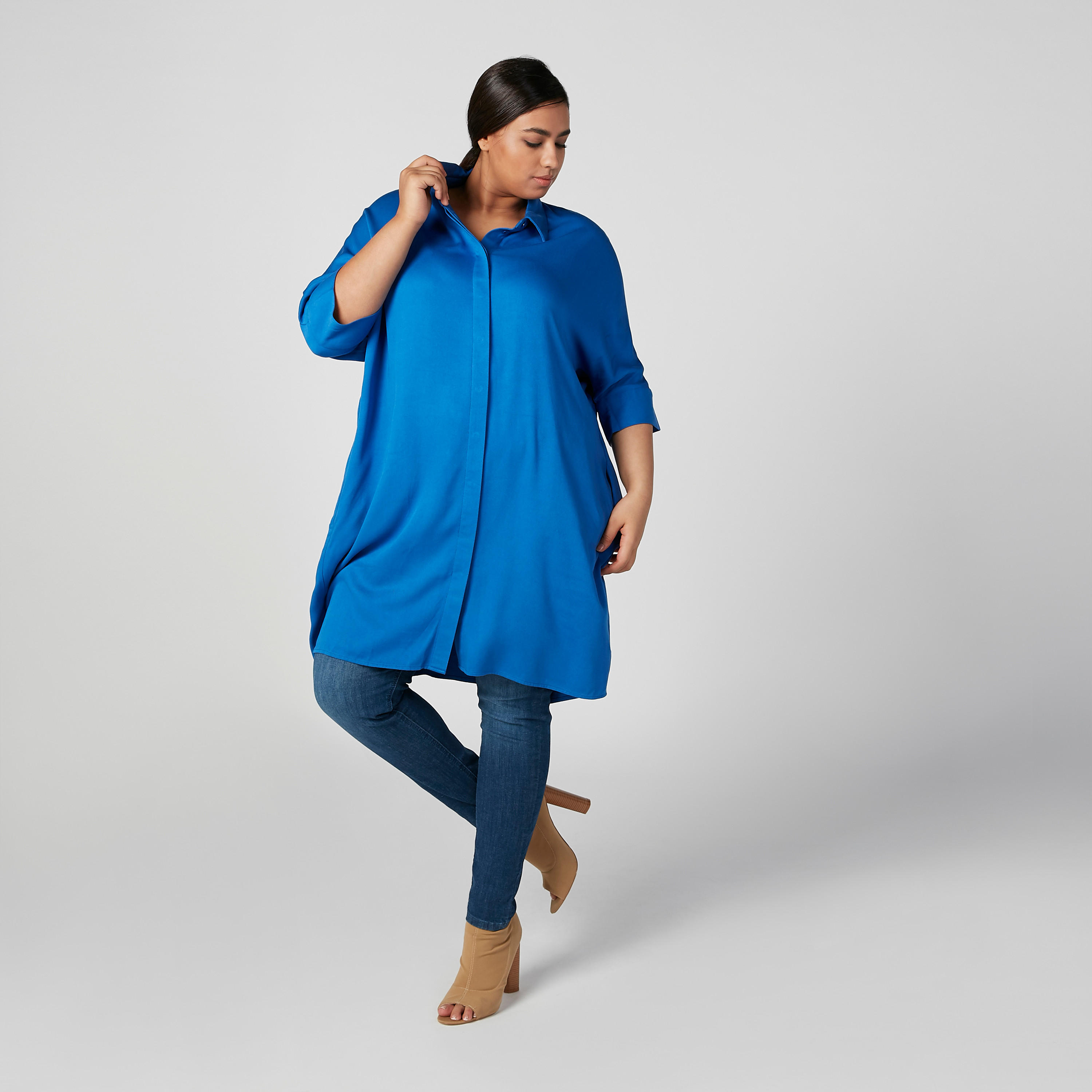 Plain Tunic with Spread Collar and 3/4 Sleeves-women-clothing-shirtsandblouses-blouses-image-1