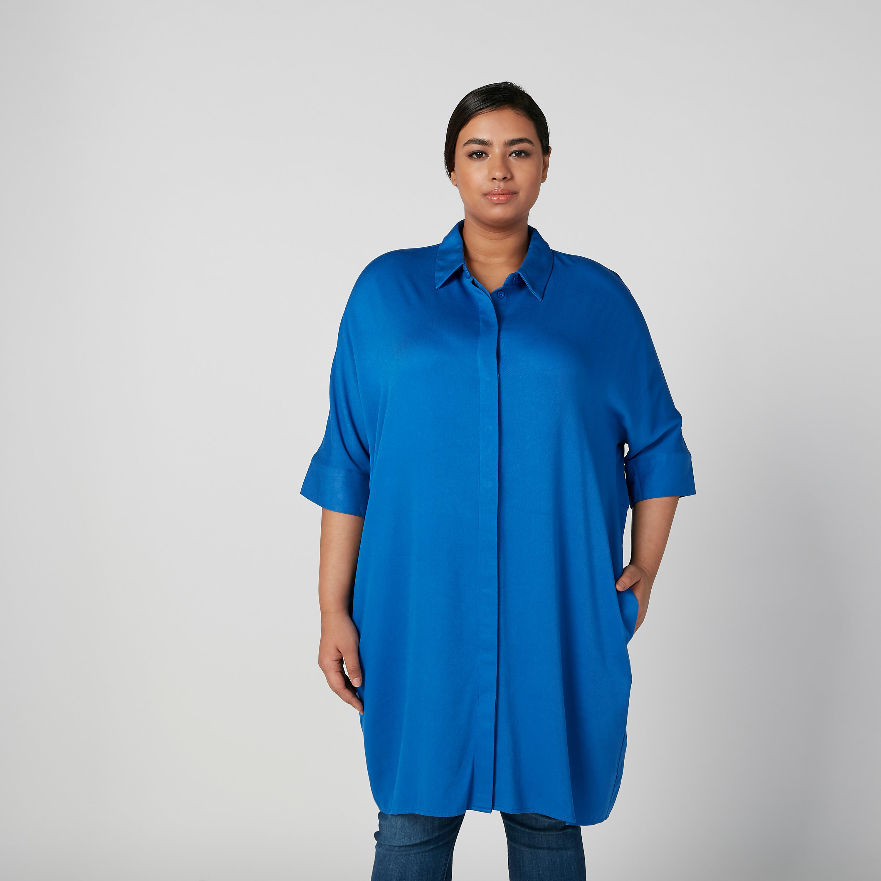 Plain Tunic with Spread Collar and 3/4 Sleeves-women-clothing-shirtsandblouses-blouses-image-2