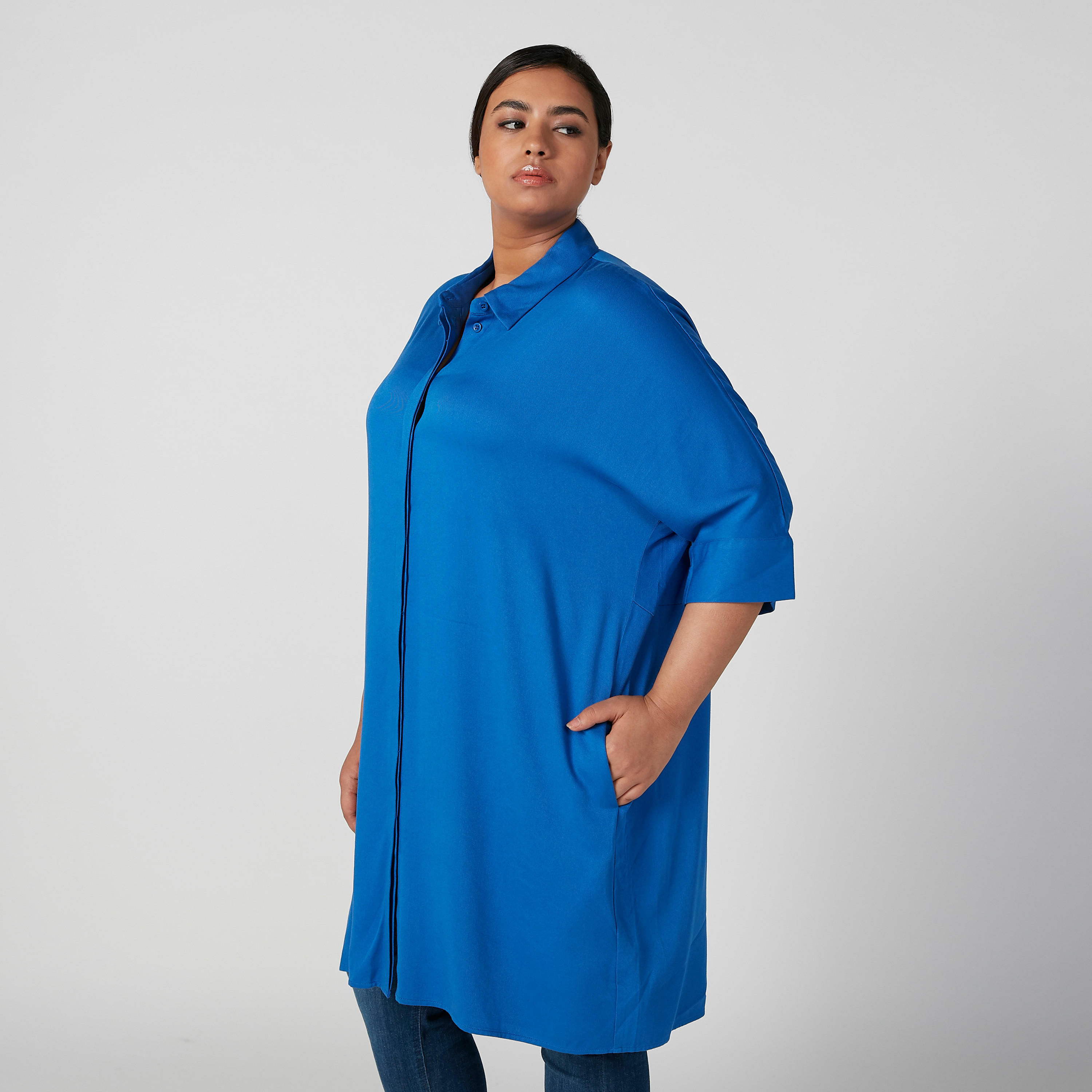 Plain Tunic with Spread Collar and 3/4 Sleeves-women-clothing-shirtsandblouses-blouses-image-5