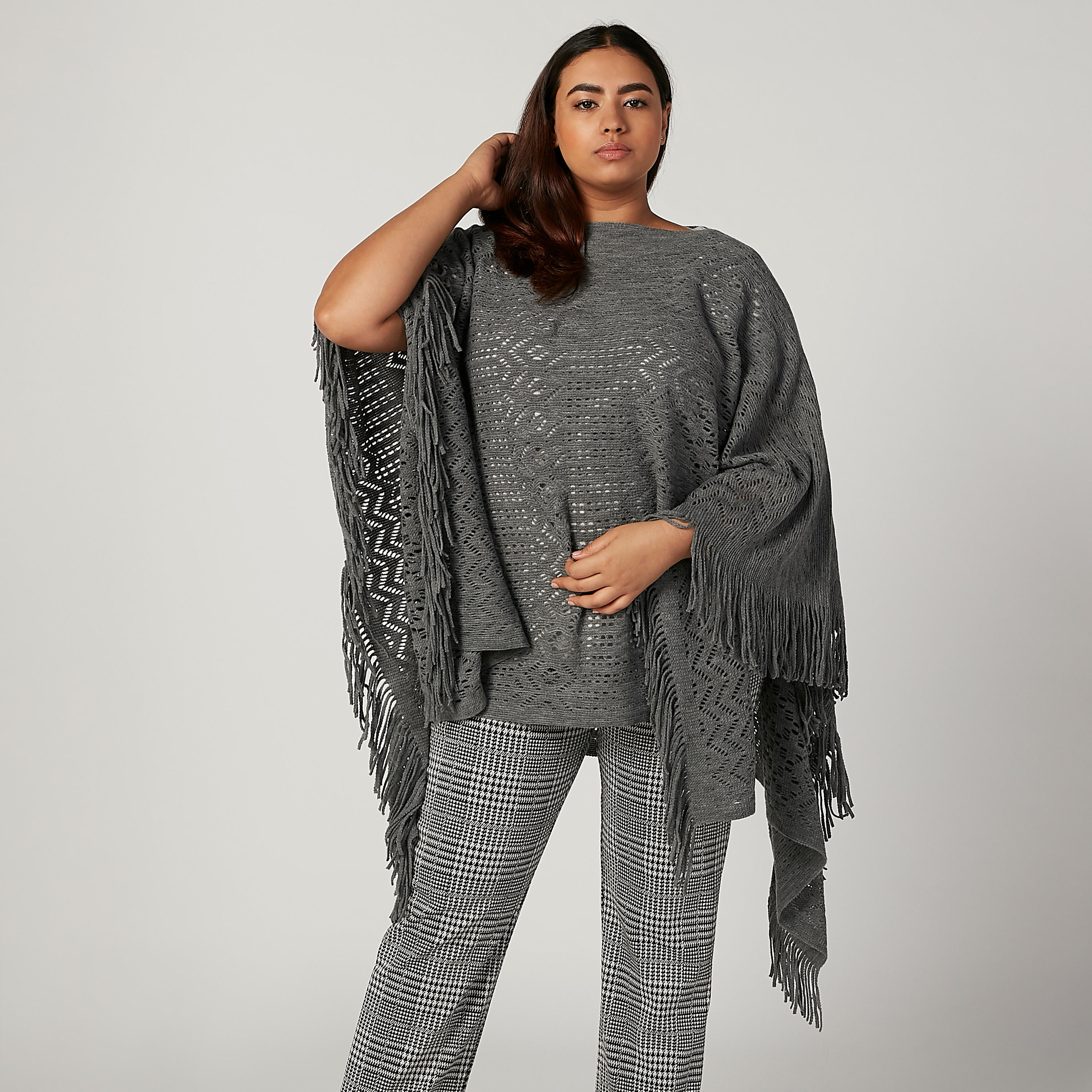 كارديجان بونشو بارزة الملمس بياقة قارب وشراشيب-women-winterwear-cardigansandjumpers-cardigans-image-1