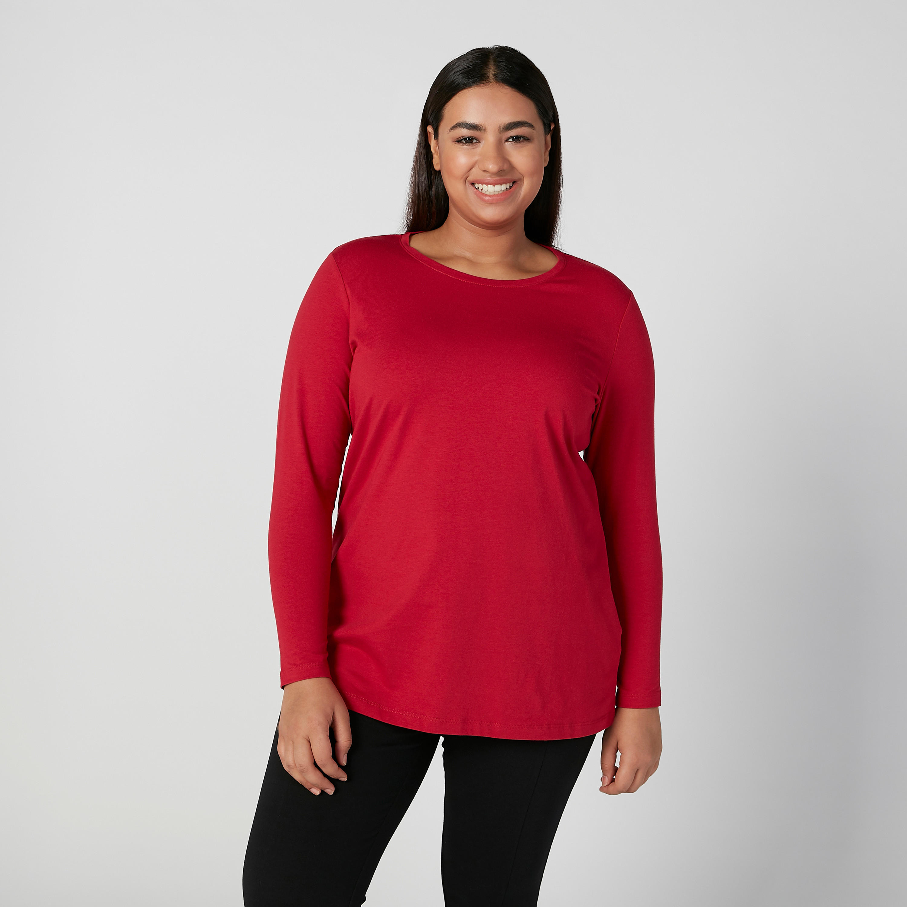 بلوزة سادة بياقة مستديرة وأكمام طويلة-women-clothing-tshirts-image-1