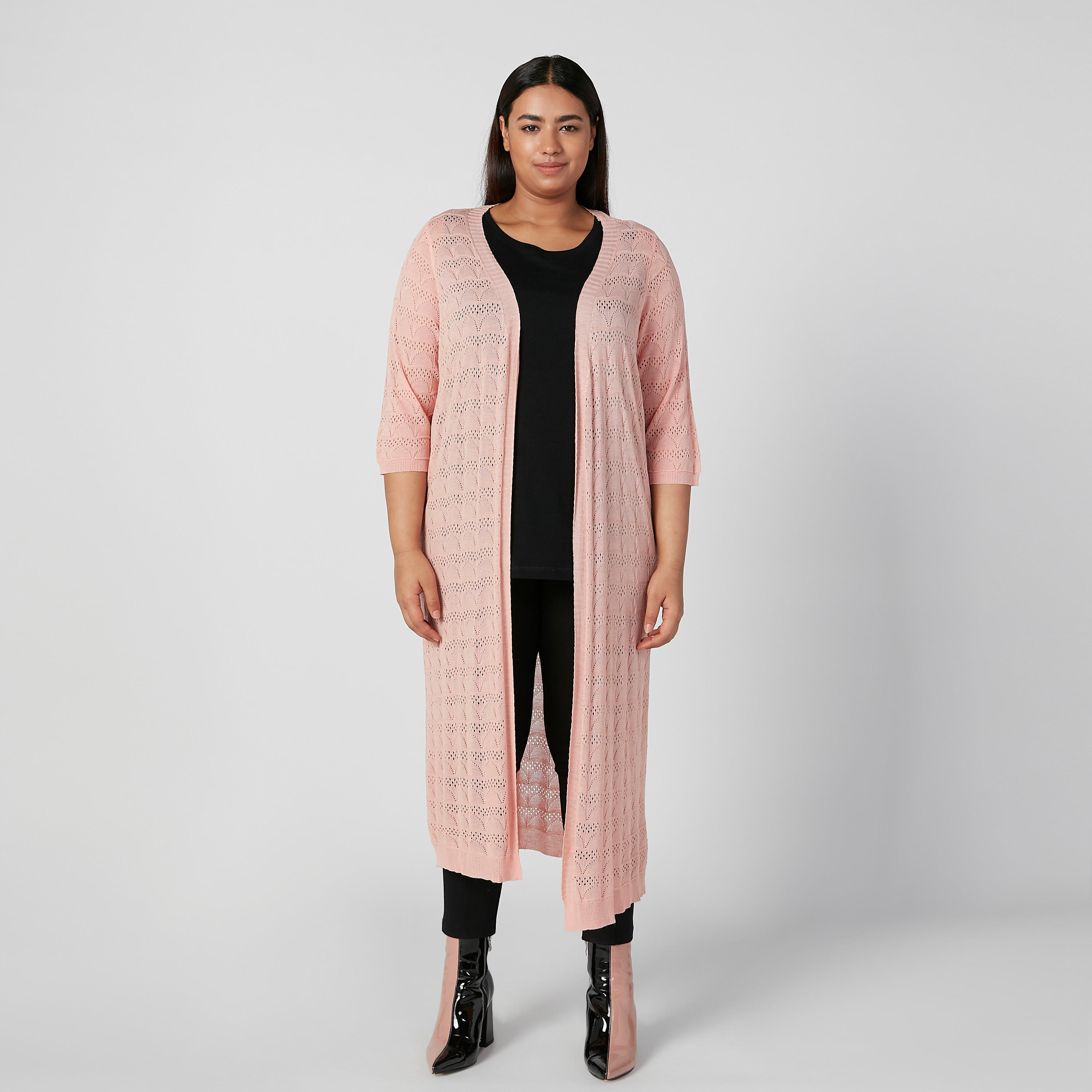 سترة طويلة بارزة الملمس بأكمام 3/4-women-winterwear-cardigansandjumpers-cardigans-image-1