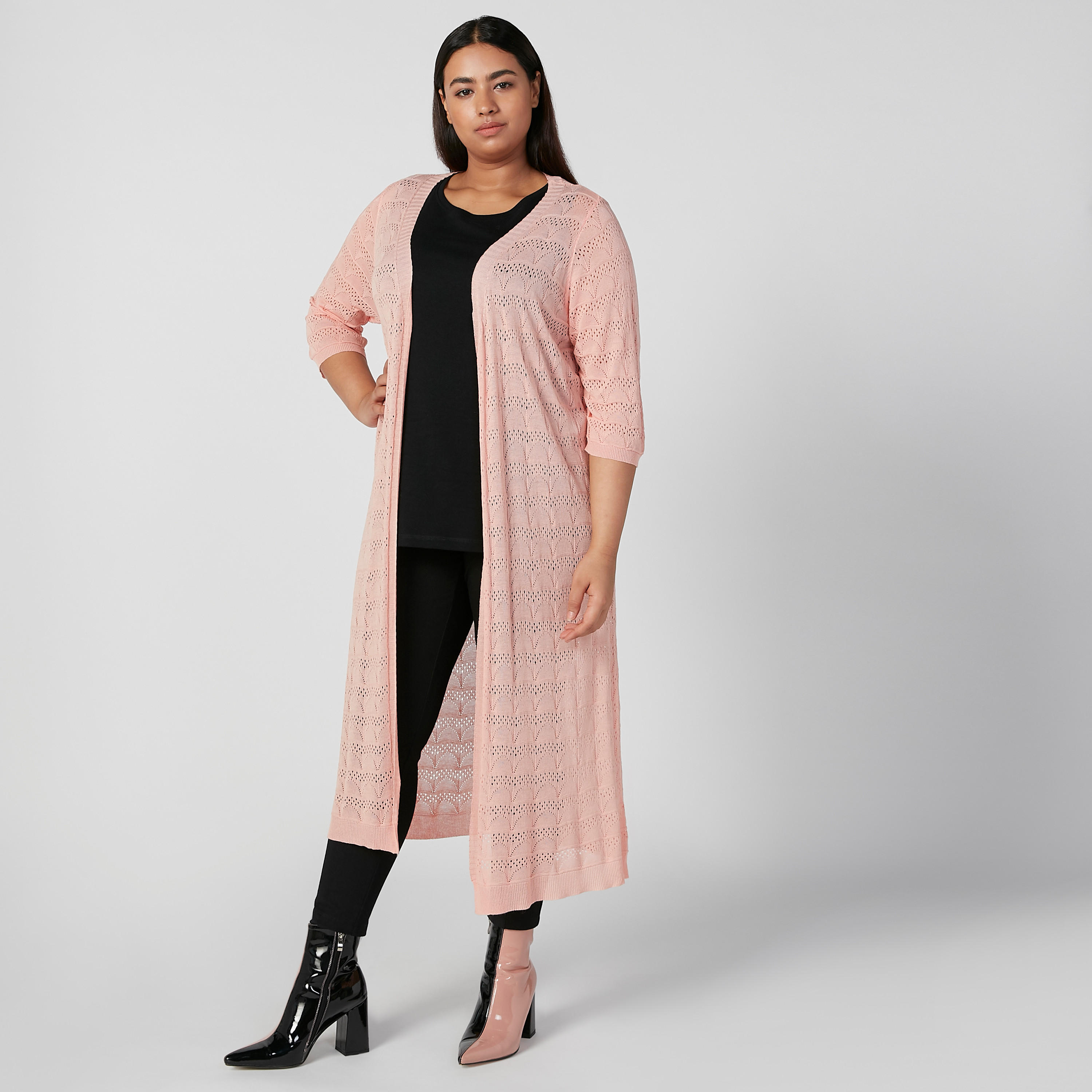 سترة طويلة بارزة الملمس بأكمام 3/4-women-winterwear-cardigansandjumpers-cardigans-image-2