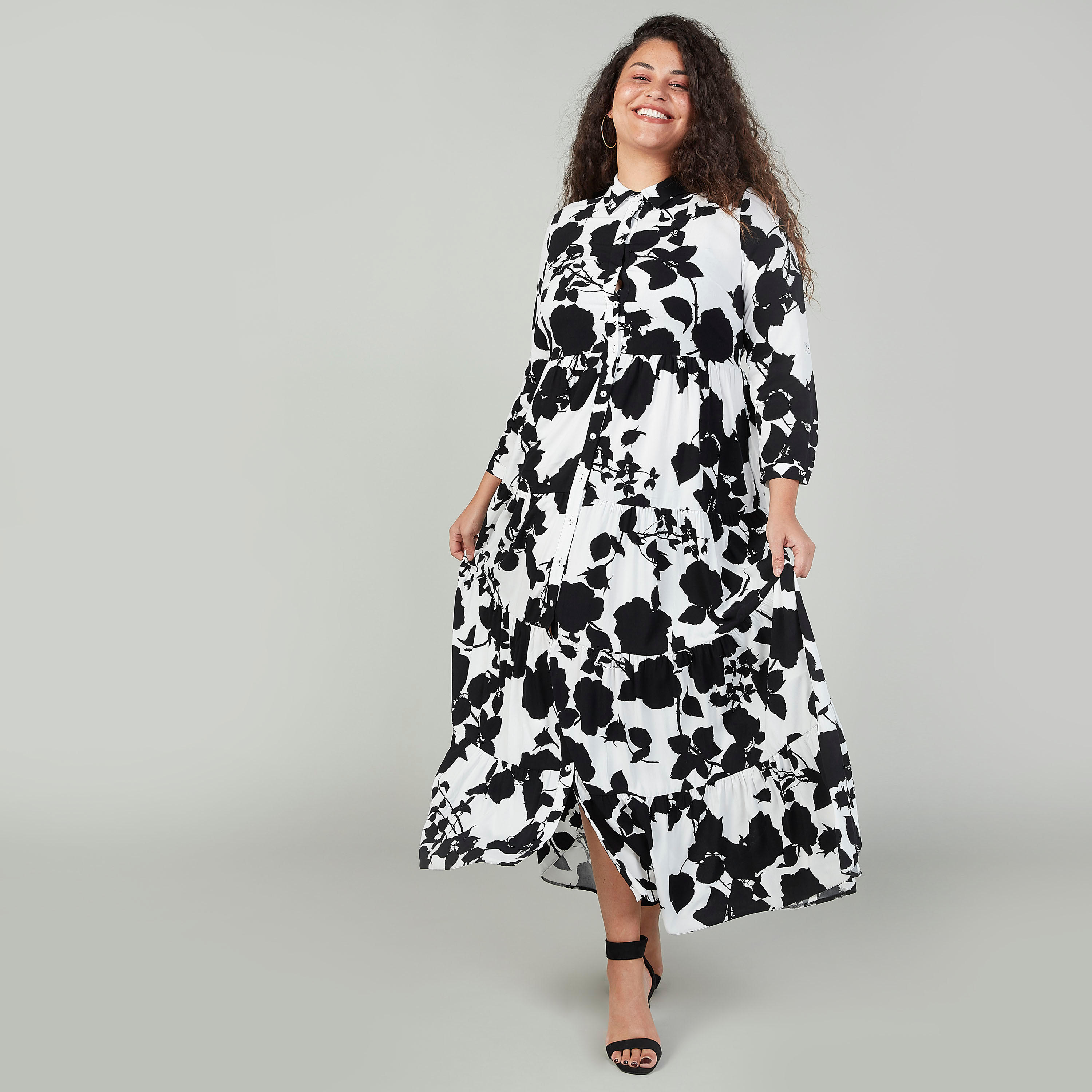 فستان قميص إيه لاين متوسط الطول بأكمام 3/4 وطبعات زهرية-women-clothing-dresses-image-1
