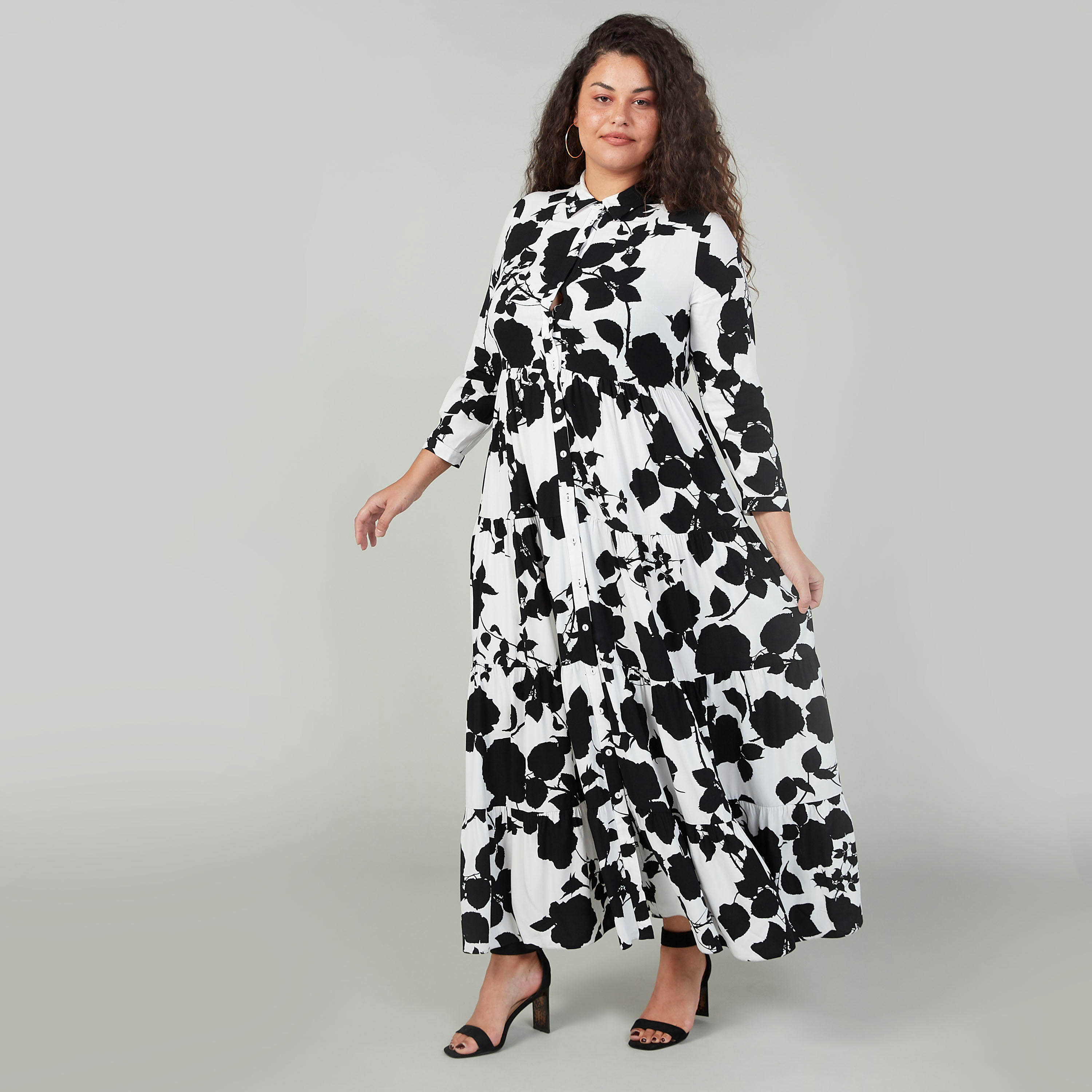 فستان قميص إيه لاين متوسط الطول بأكمام 3/4 وطبعات زهرية-women-clothing-dresses-image-4