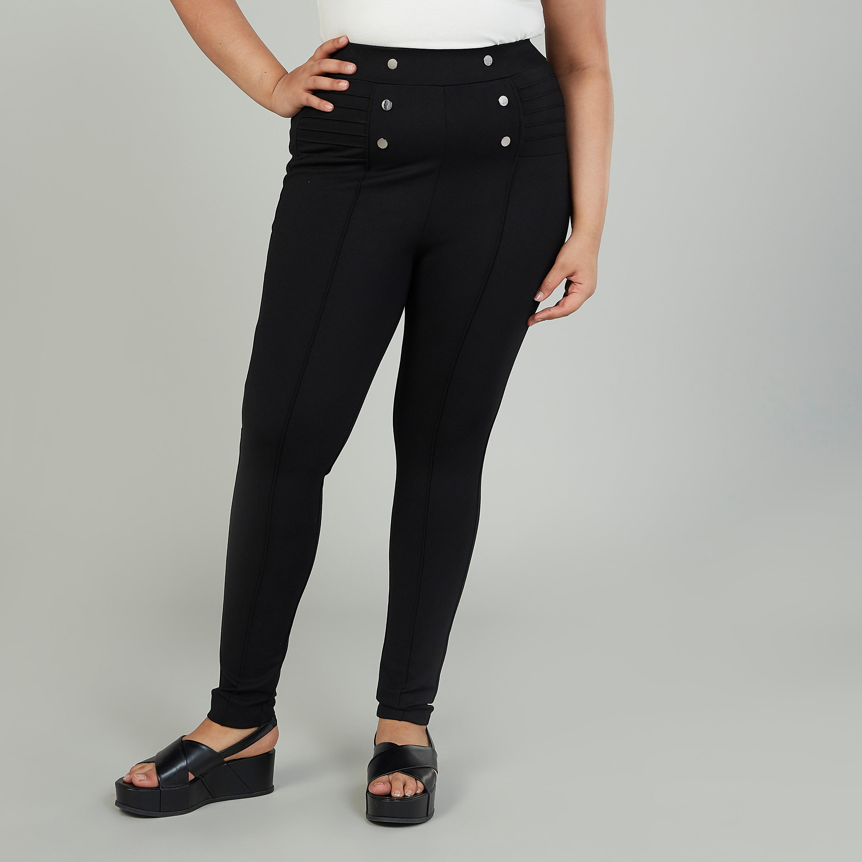 بنطلون سادة بخصر متوسط الارتفاع وتفاصيل زر-women-clothing-bottoms-leggings-image-4