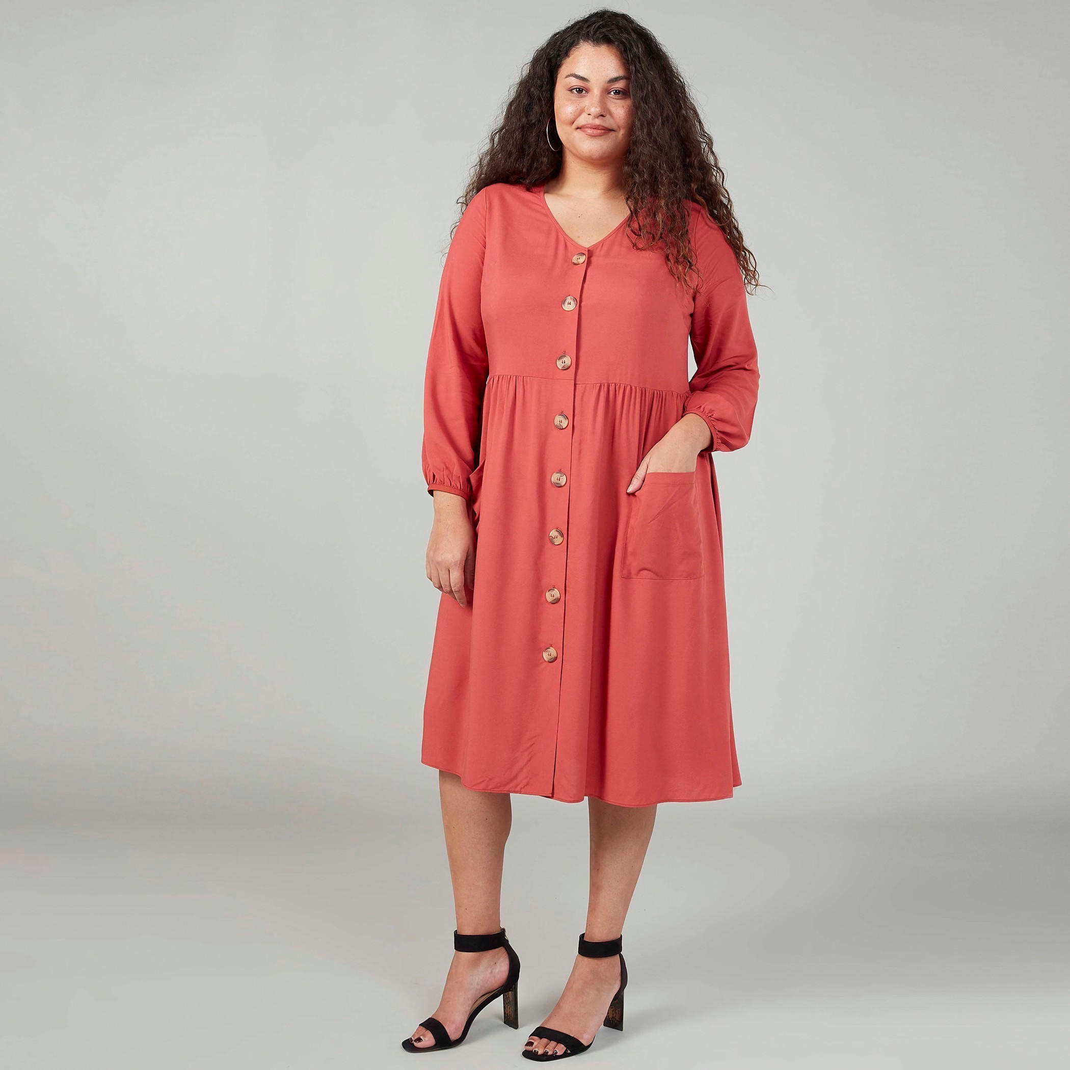 Plain Midi Shirt Dress with Long Sleeves and Pocket Detail-women-clothing-dresses-image-1