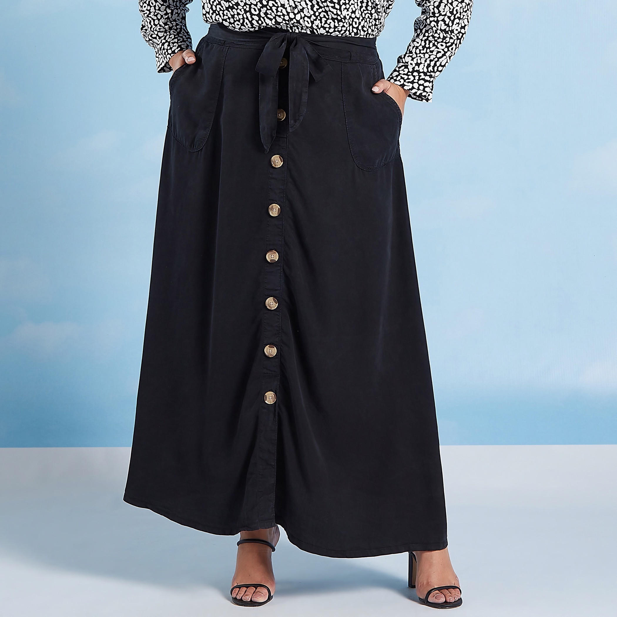 تنورة سادة طويل إيه لاين بأربطة وجيوب-women-clothing-bottoms-skirts-image-1
