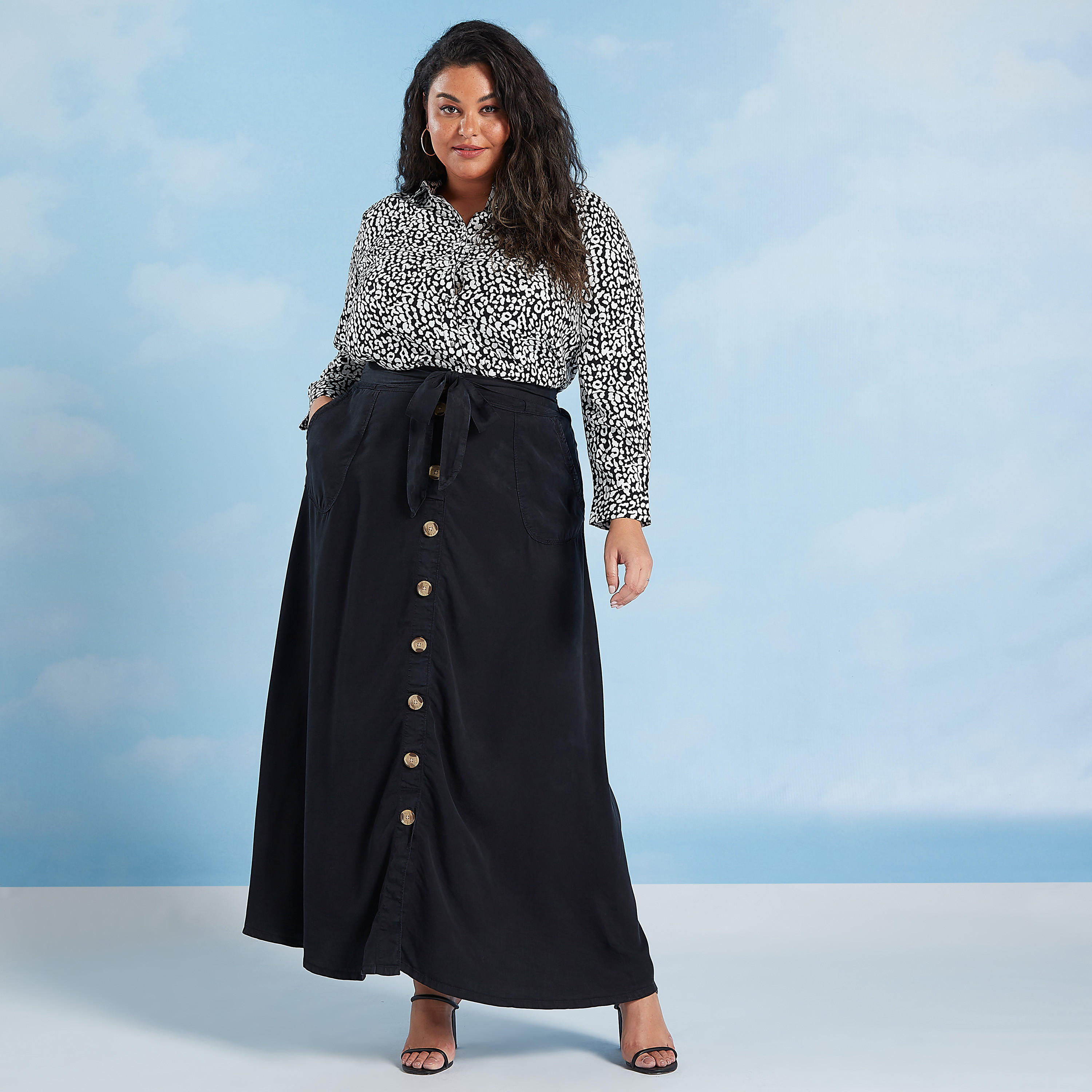 تنورة سادة طويل إيه لاين بأربطة وجيوب-women-clothing-bottoms-skirts-image-2