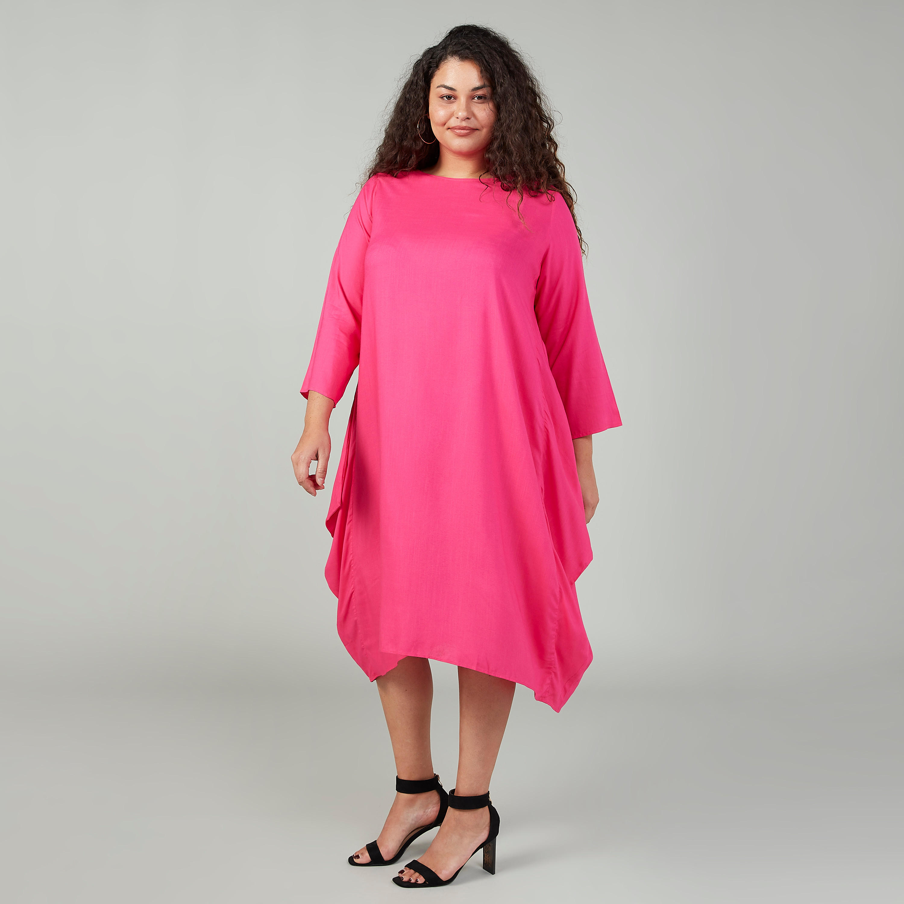 فستان متوسط الطول بياقة إيه لاين وأكمام 3/4 وجيوب-women-clothing-dresses-image-1