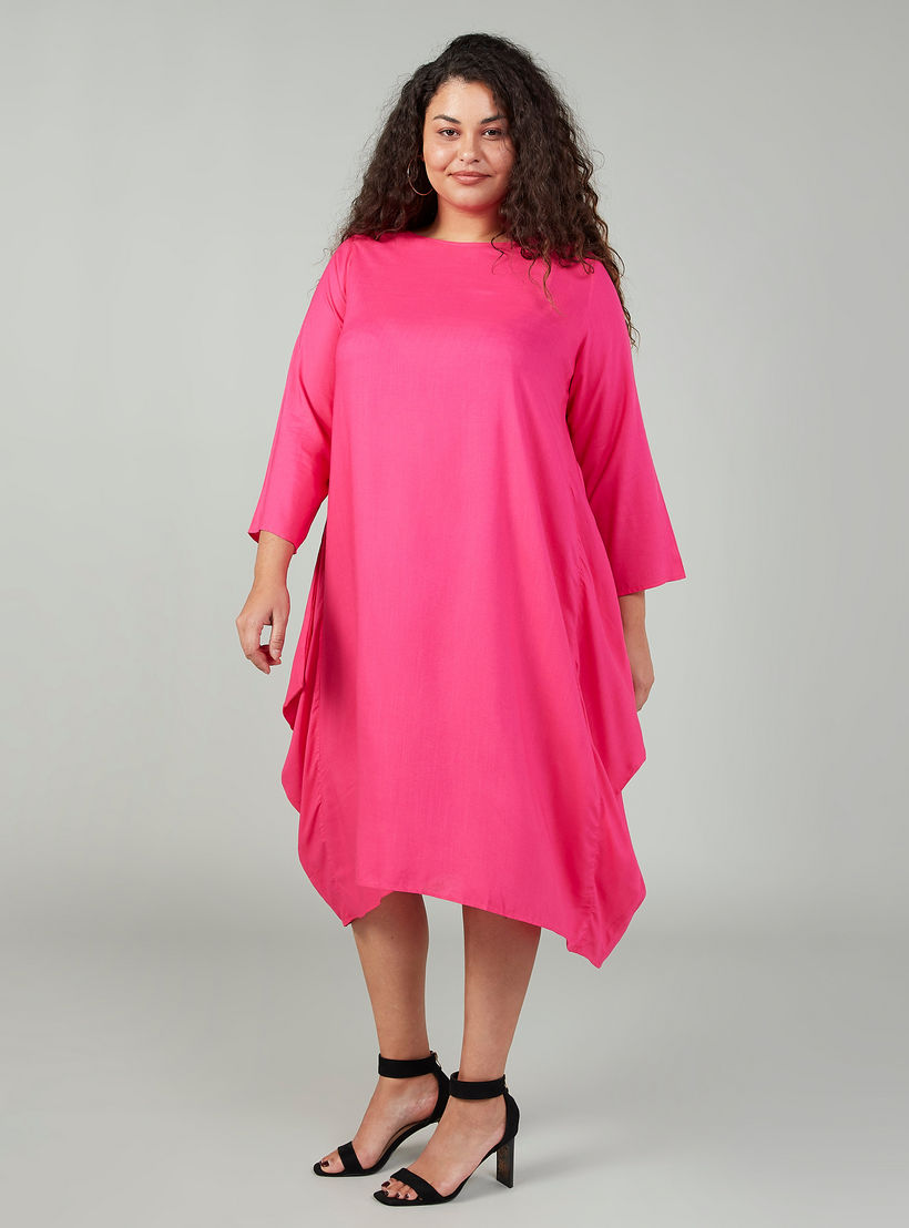 فستان متوسط الطول بياقة إيه لاين وأكمام 3/4 وجيوب-women-clothing-dresses-image-1