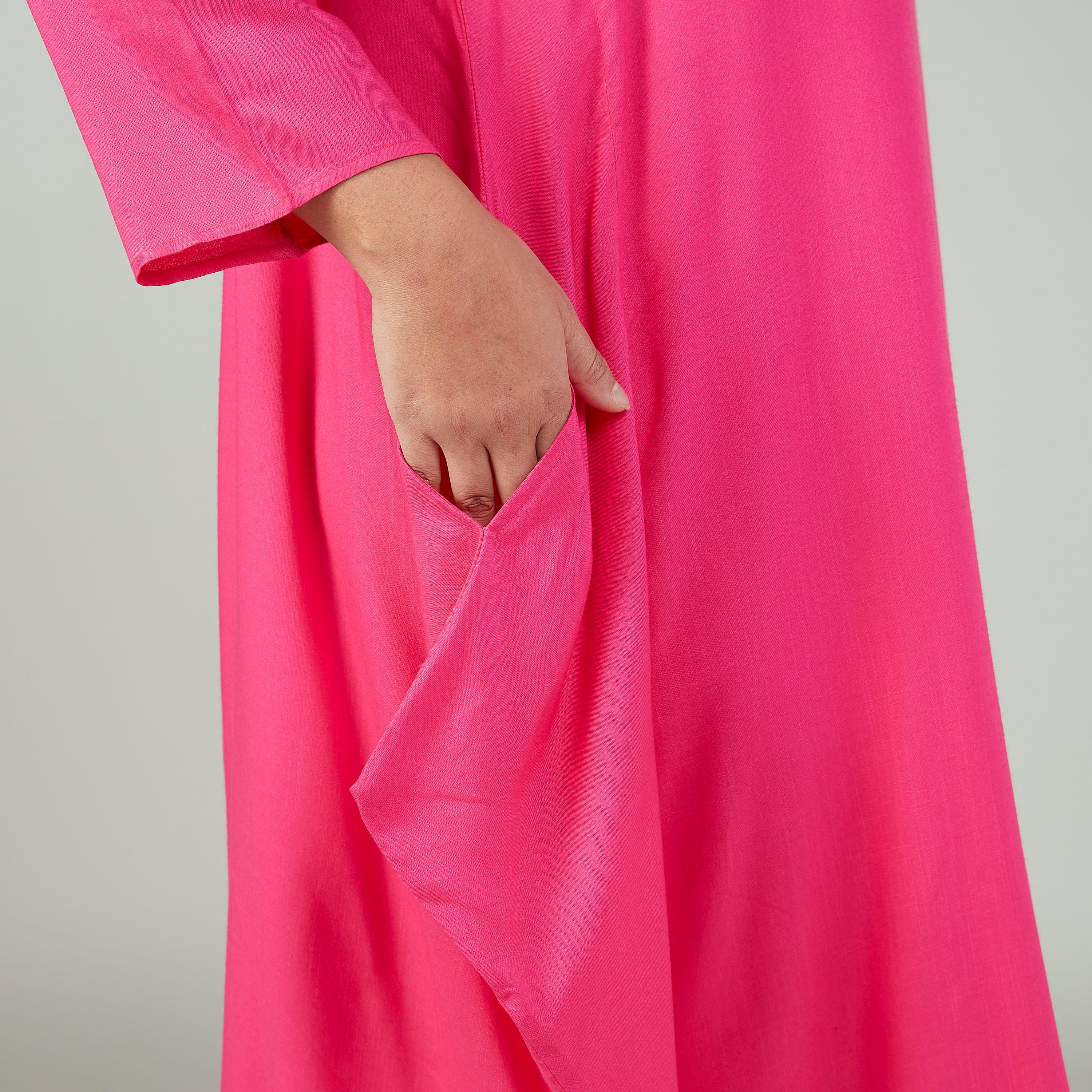 فستان متوسط الطول بياقة إيه لاين وأكمام 3/4 وجيوب-women-clothing-dresses-image-2