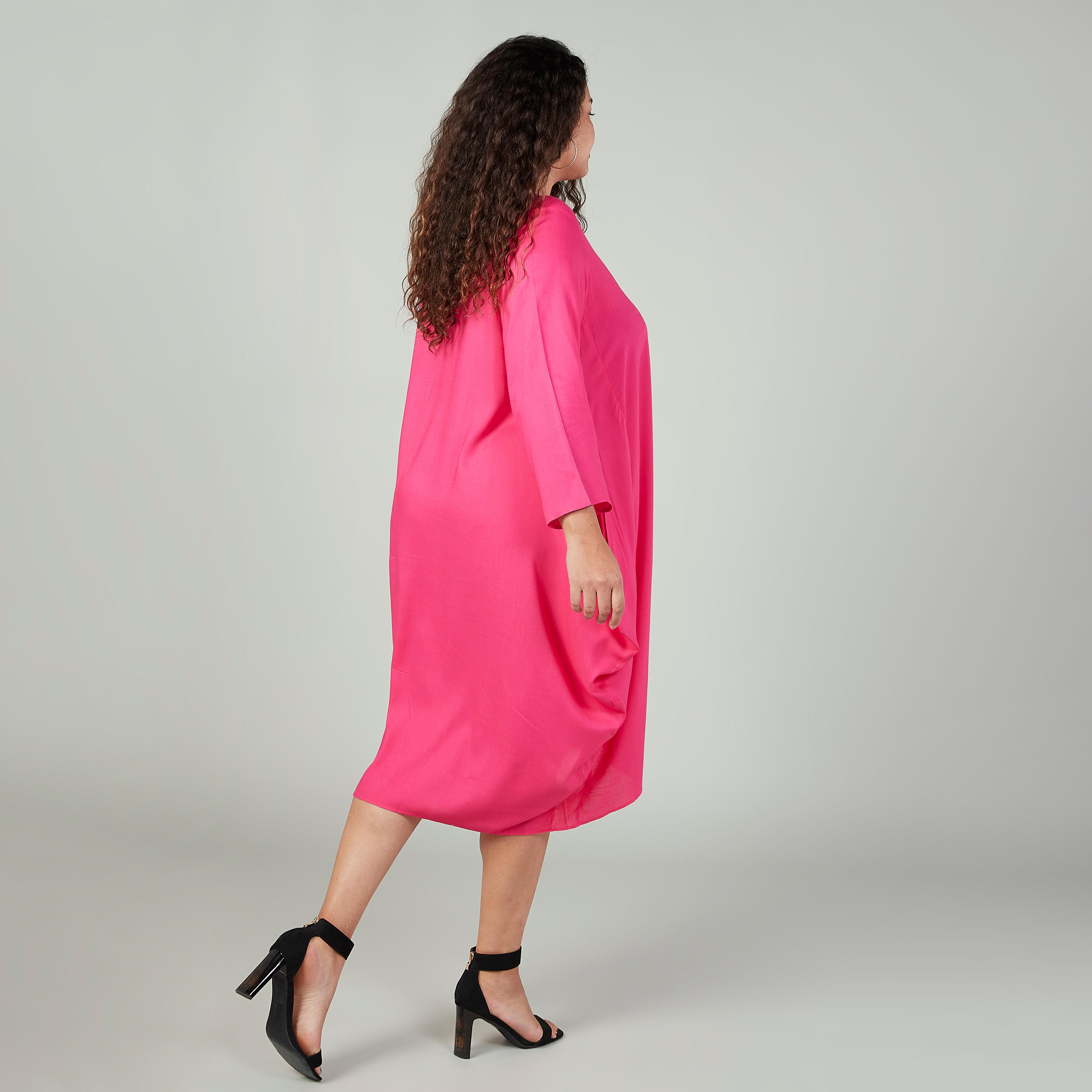 فستان متوسط الطول بياقة إيه لاين وأكمام 3/4 وجيوب-women-clothing-dresses-image-3