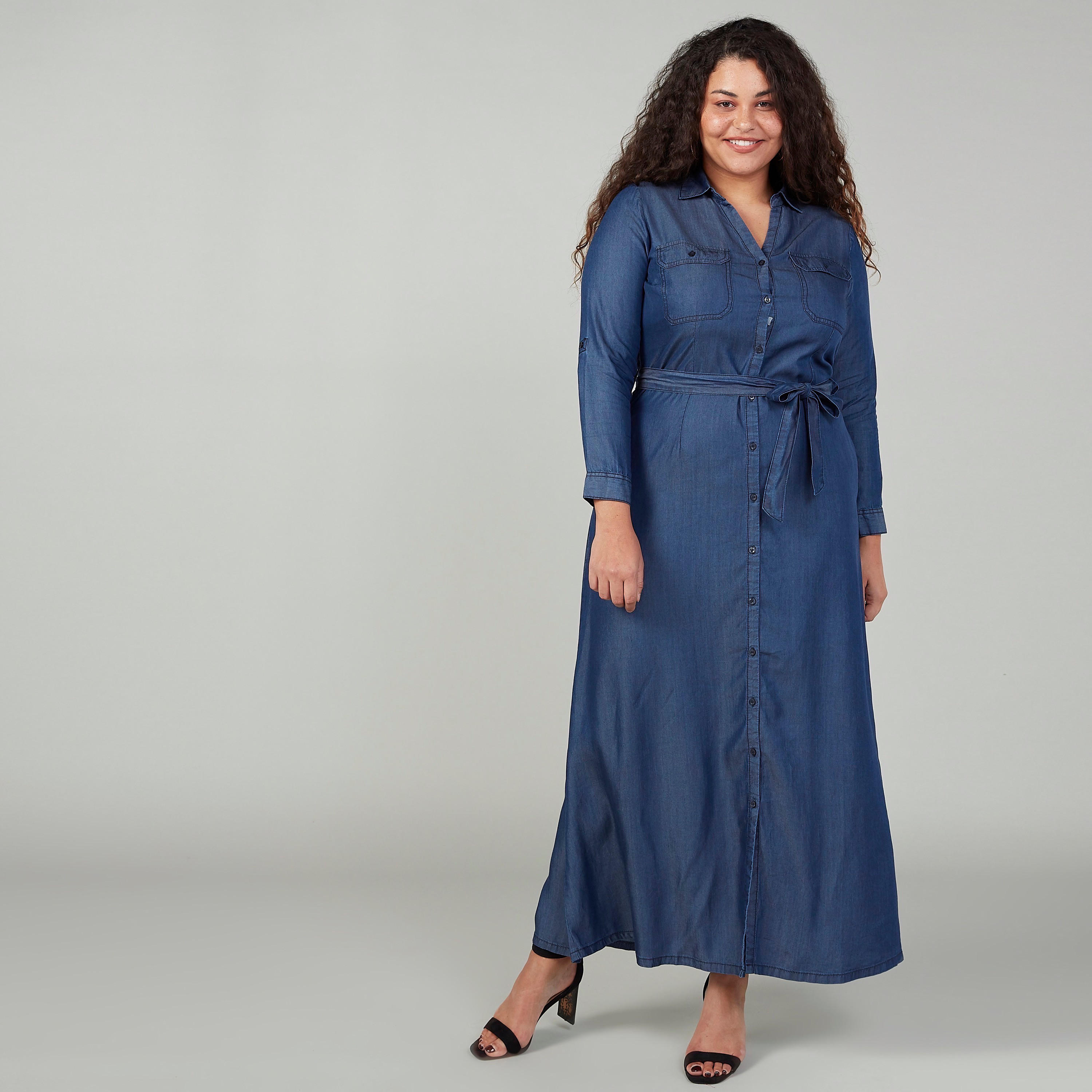 فستان قميص طويل سادة بأكمام طويلة وجيوب-women-clothing-dresses-image-1