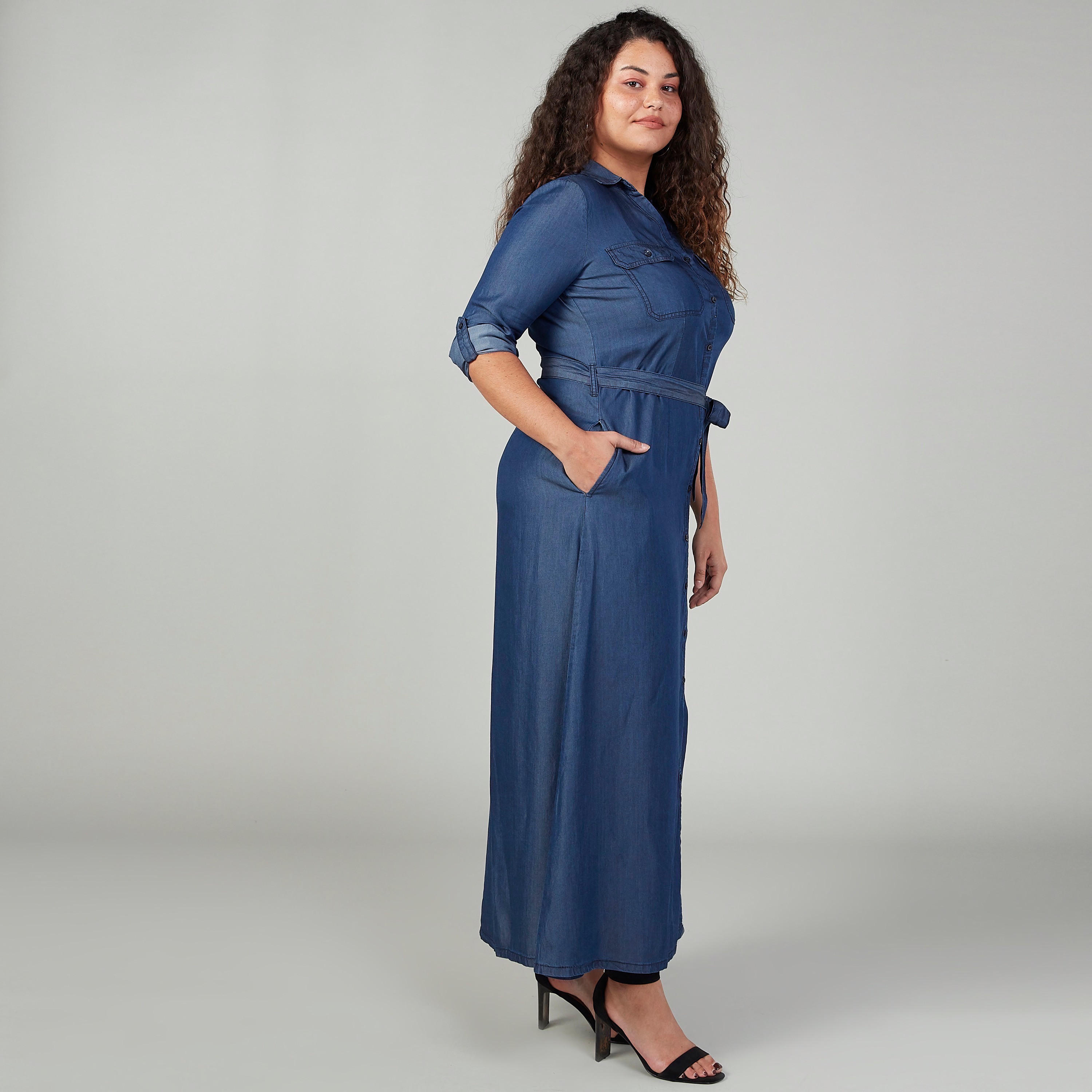 فستان قميص طويل سادة بأكمام طويلة وجيوب-women-clothing-dresses-image-2