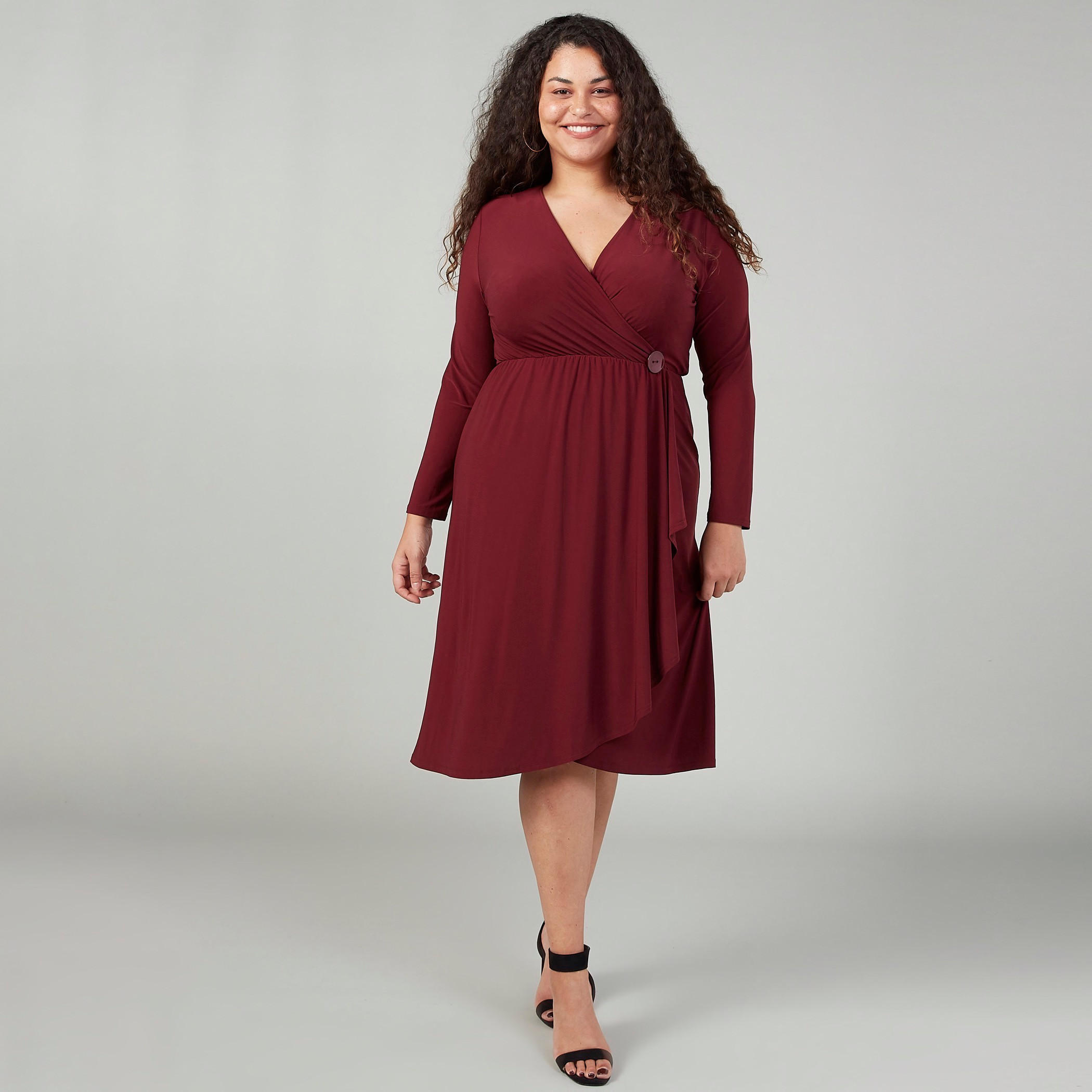 Plain Midi Dress with V-neck and Long Sleeves-women-clothing-dresses-image-1
