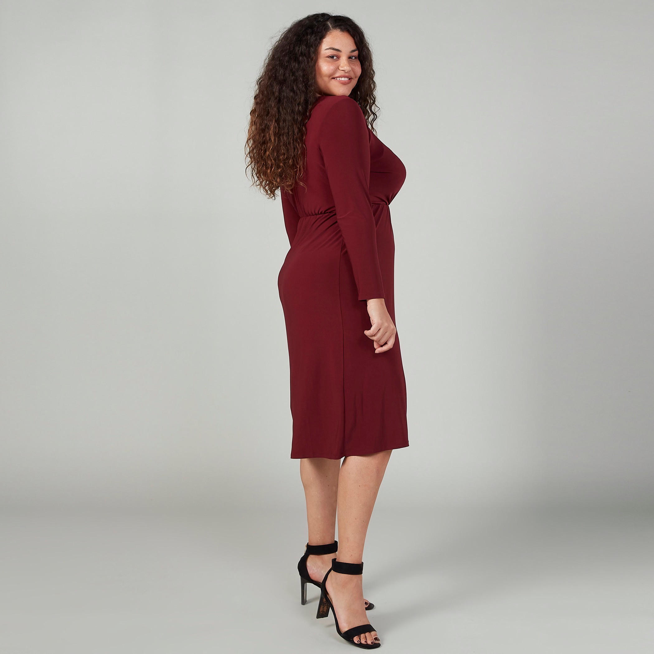 Plain Midi Dress with V-neck and Long Sleeves-women-clothing-dresses-image-2