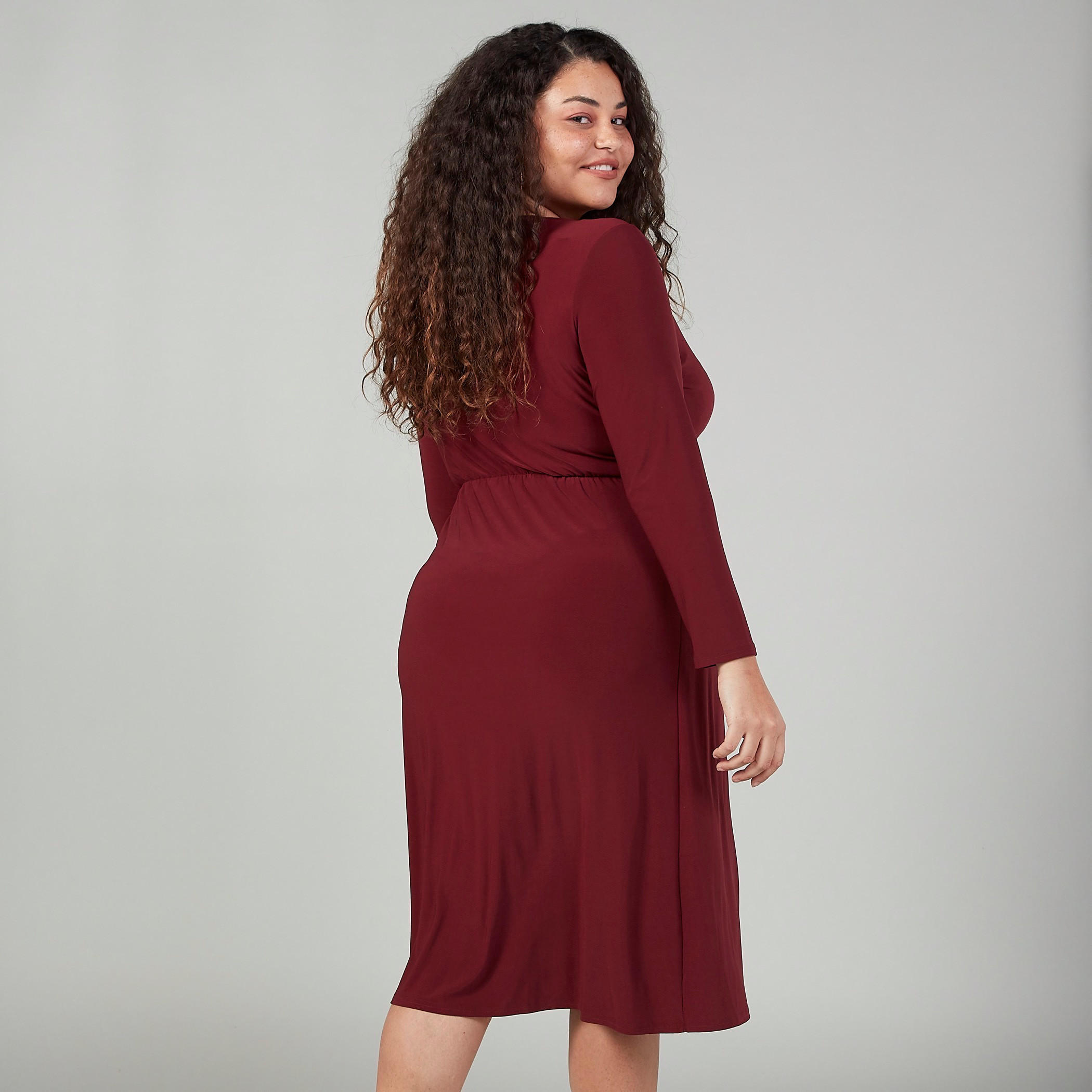 Plain Midi Dress with V-neck and Long Sleeves-women-clothing-dresses-image-4