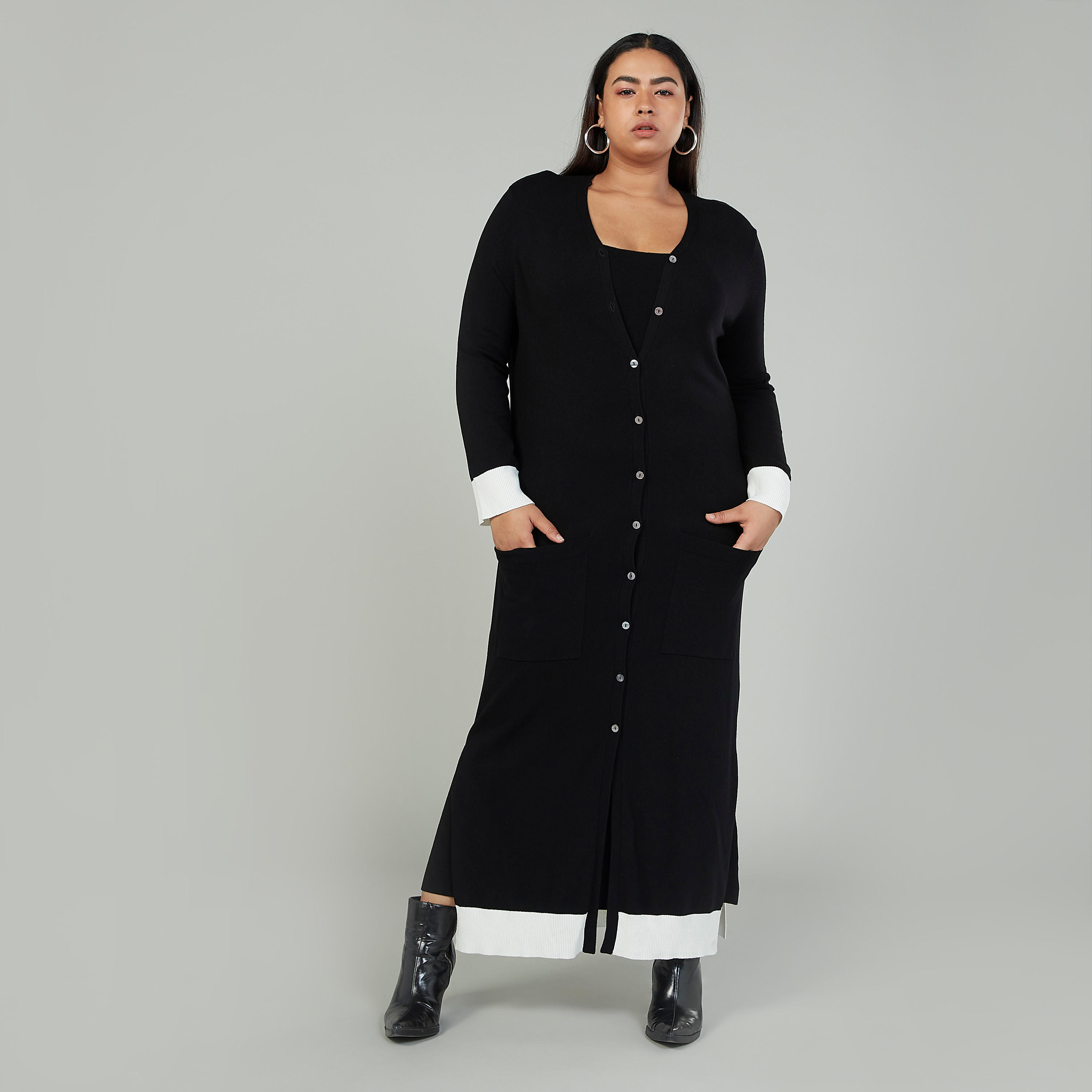 كارديجان طويل بارز الملمس بأكمام طويلة وجيوب-women-winterwear-cardigansandjumpers-cardigans-image-1