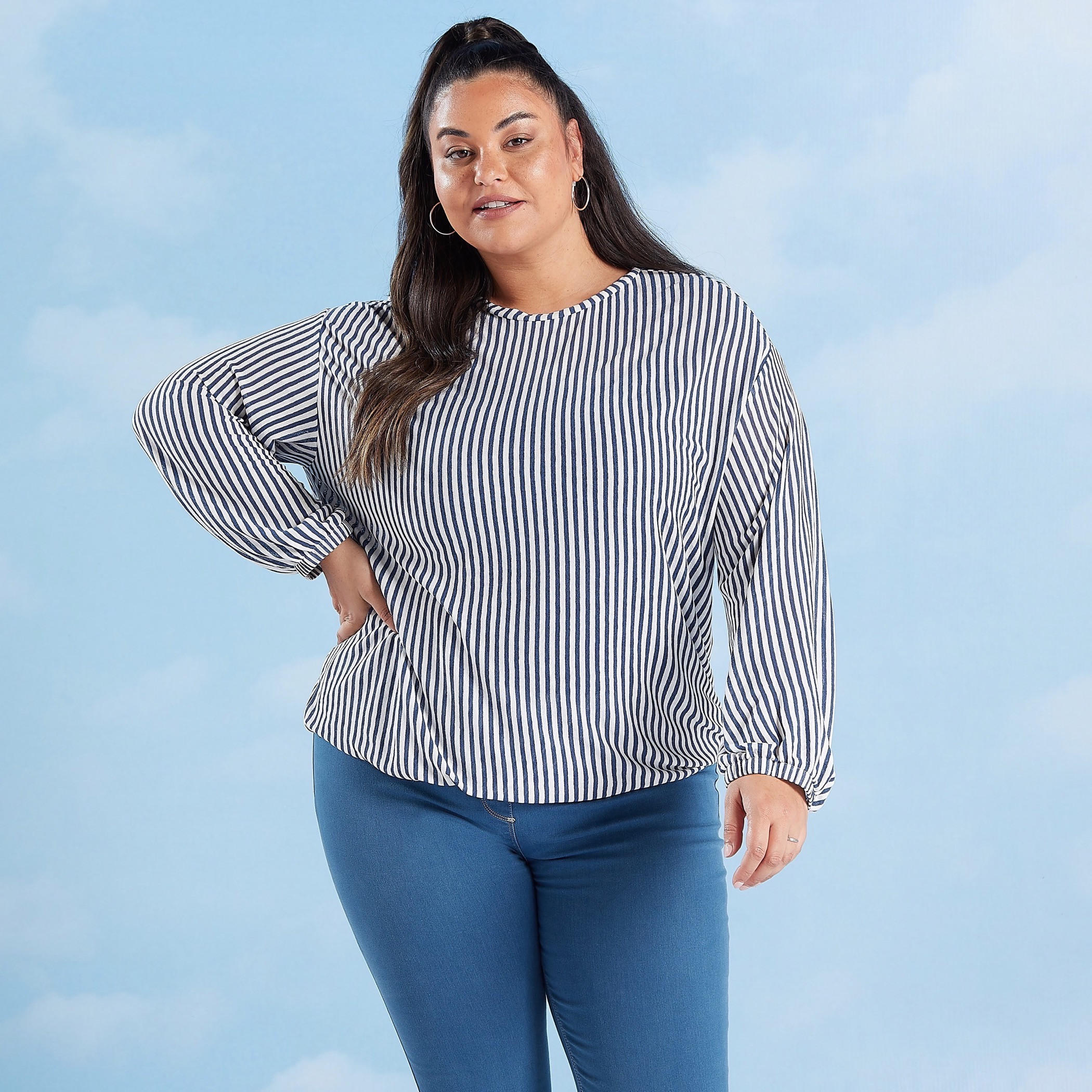 Striped Top with Crew Neck and Drop Shoulder Sleeves-women-clothing-shirtsandblouses-blouses-image-1