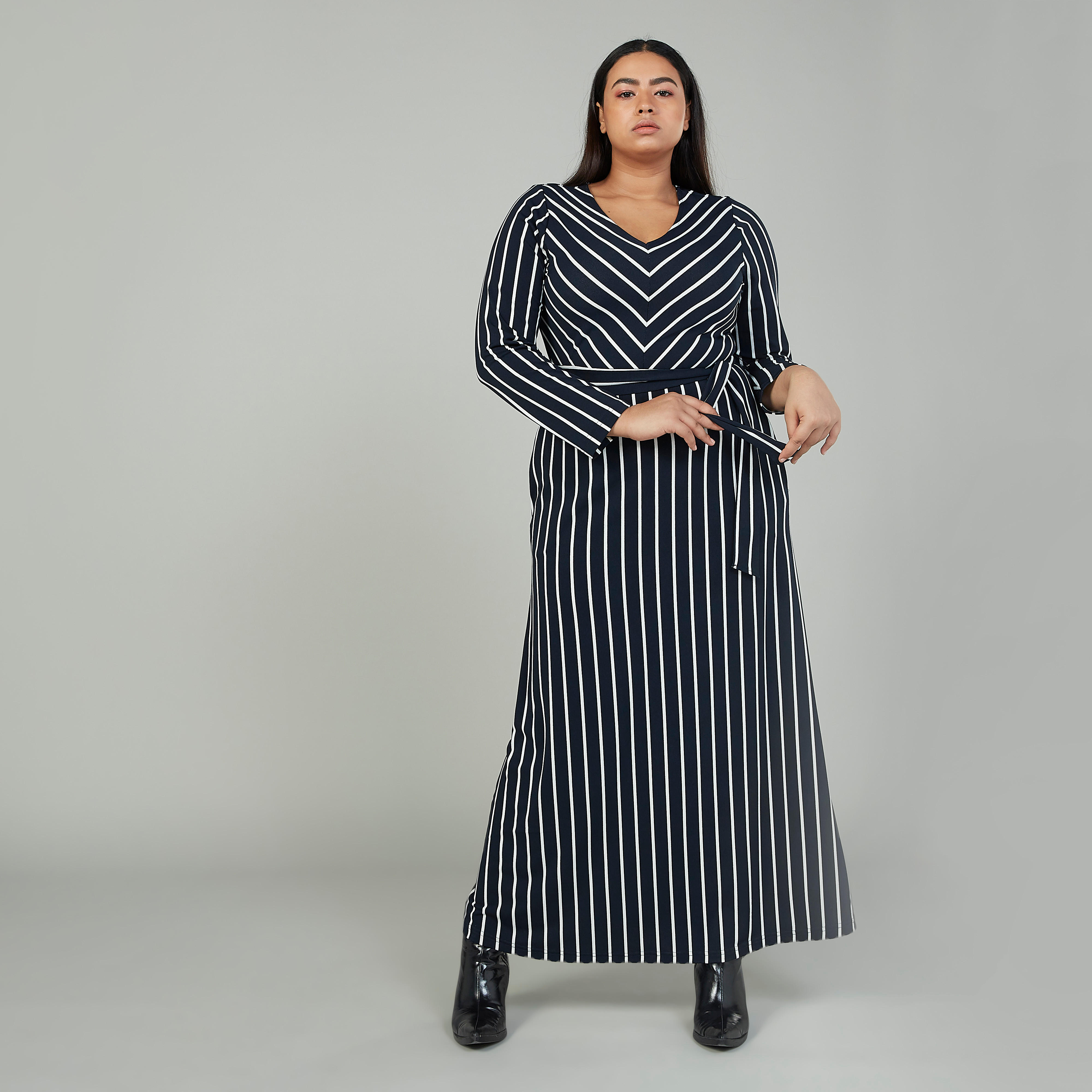 فستان طويل إيه لاين مخطّط بأكمام طويلة وجيوب-women-clothing-dresses-image-1