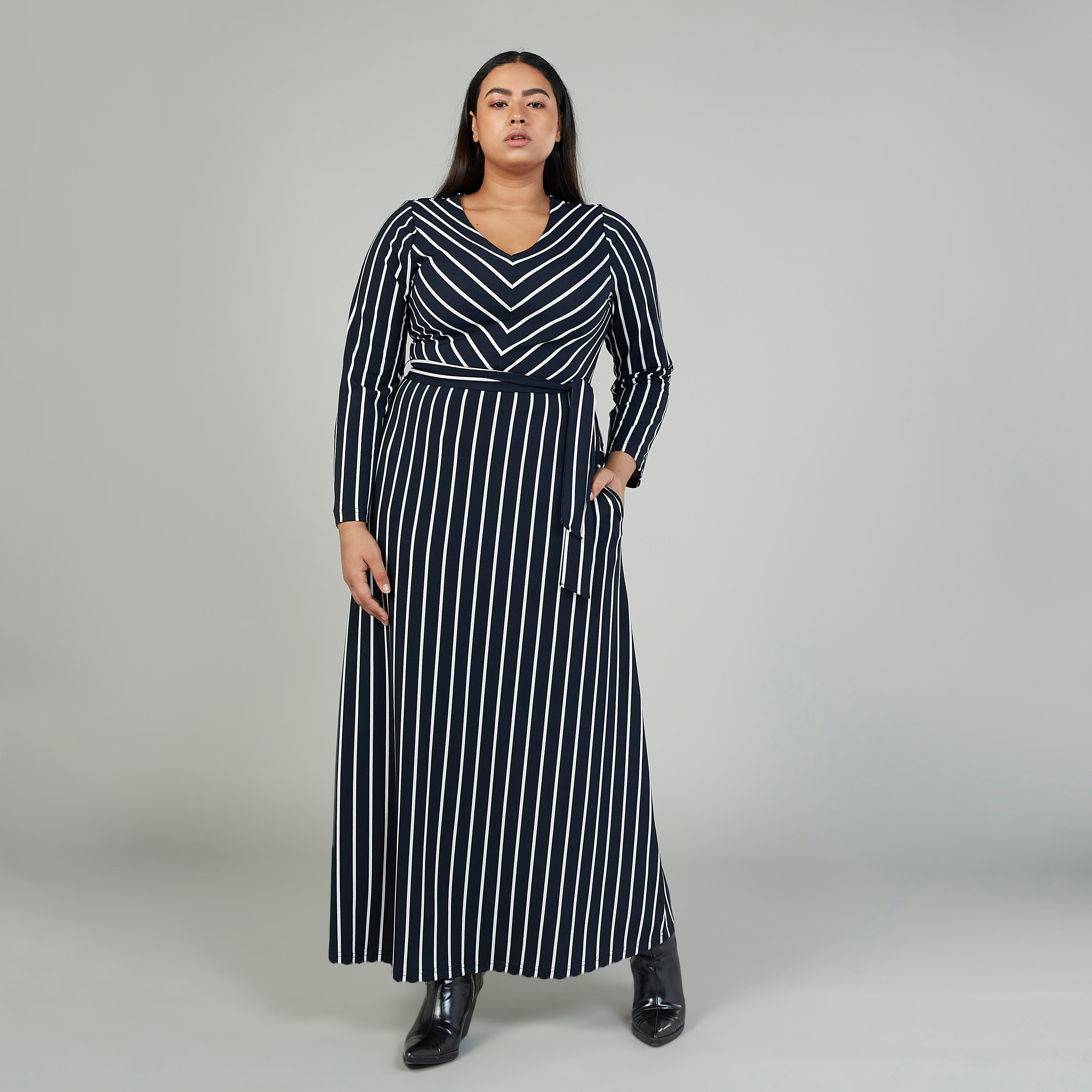 فستان طويل إيه لاين مخطّط بأكمام طويلة وجيوب-women-clothing-dresses-image-2