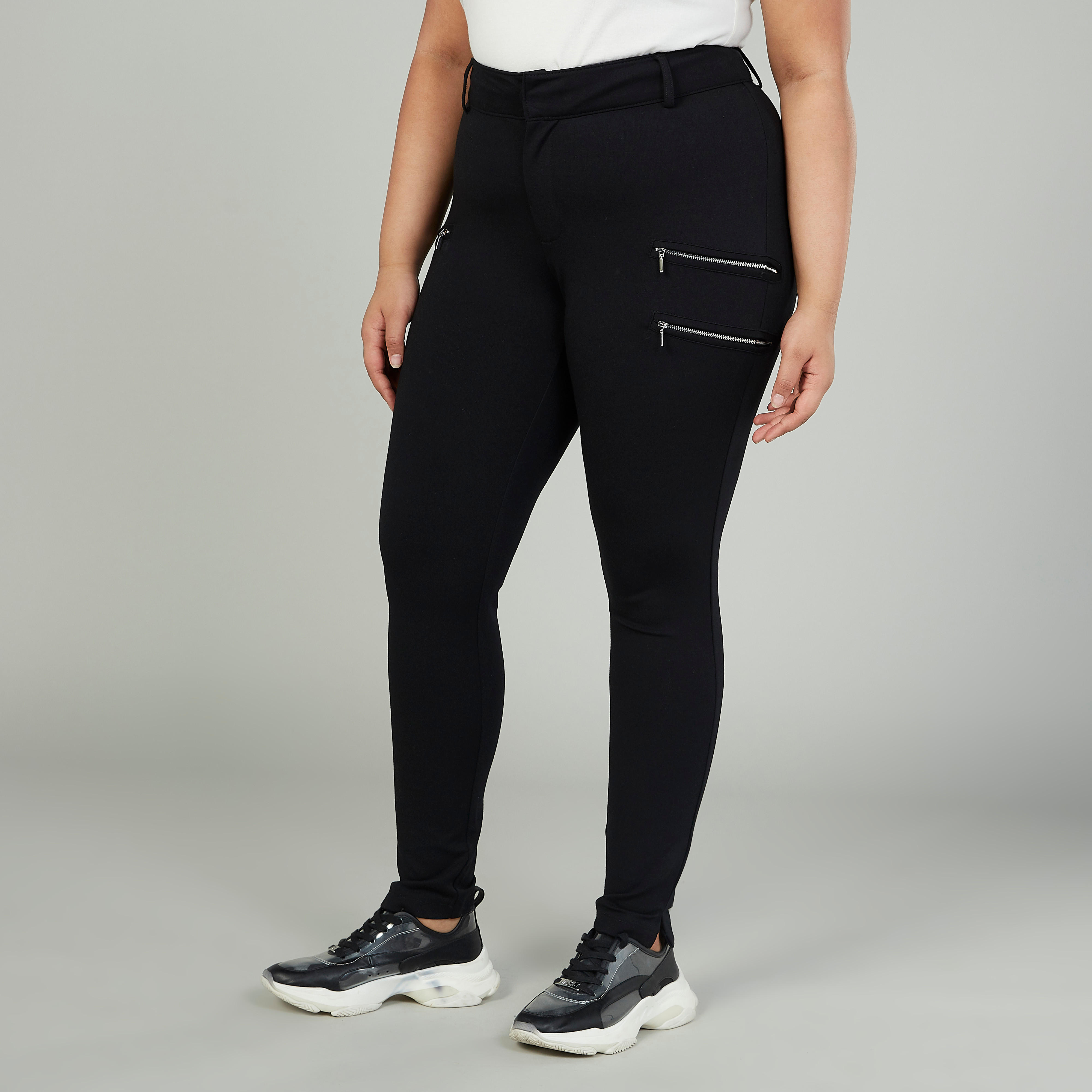 بنطلون سادة بخصر متوسط الارتفاع وعراوي وتفاصيل سحّاب-women-clothing-bottoms-leggings-image-1