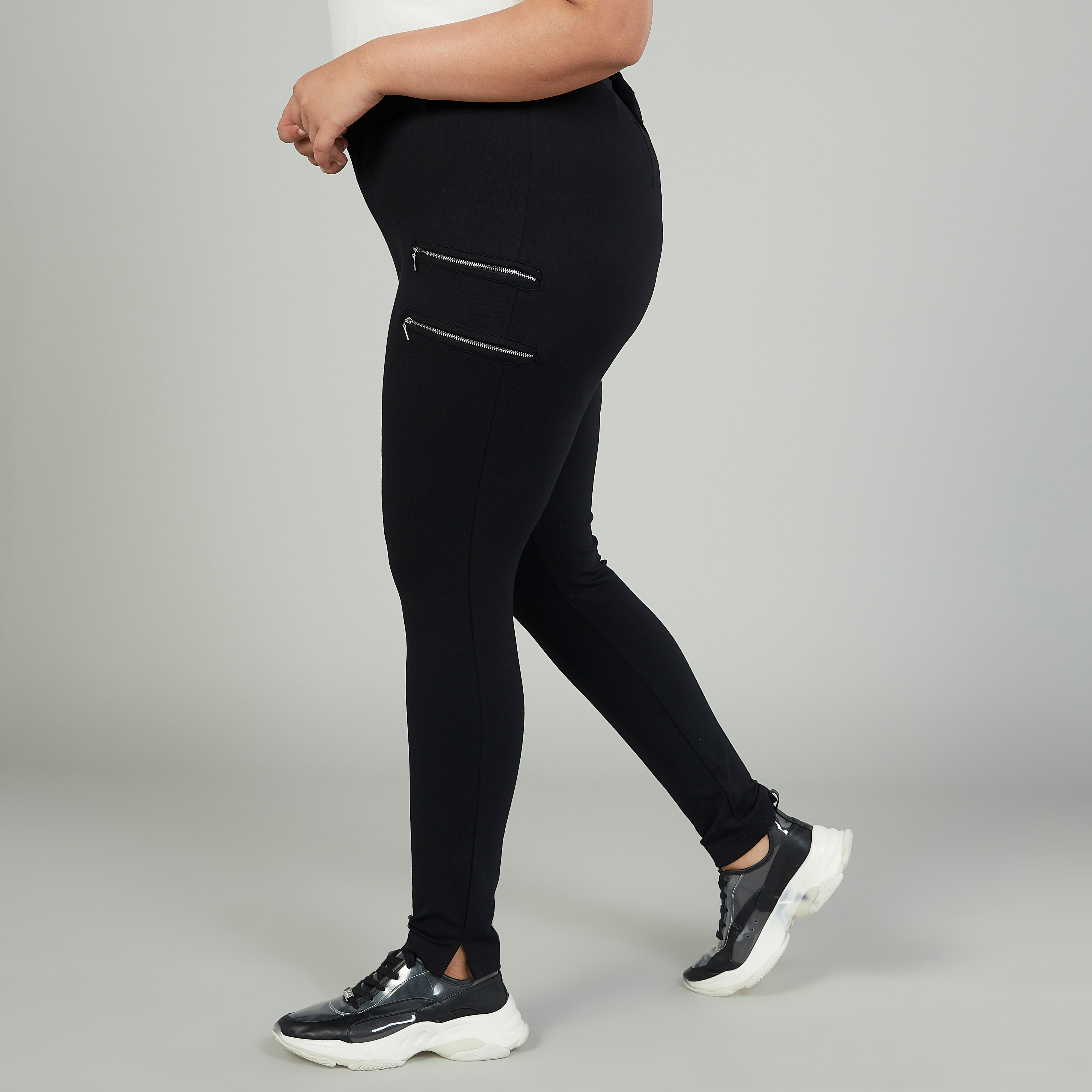 بنطلون سادة بخصر متوسط الارتفاع وعراوي وتفاصيل سحّاب-women-clothing-bottoms-leggings-image-4