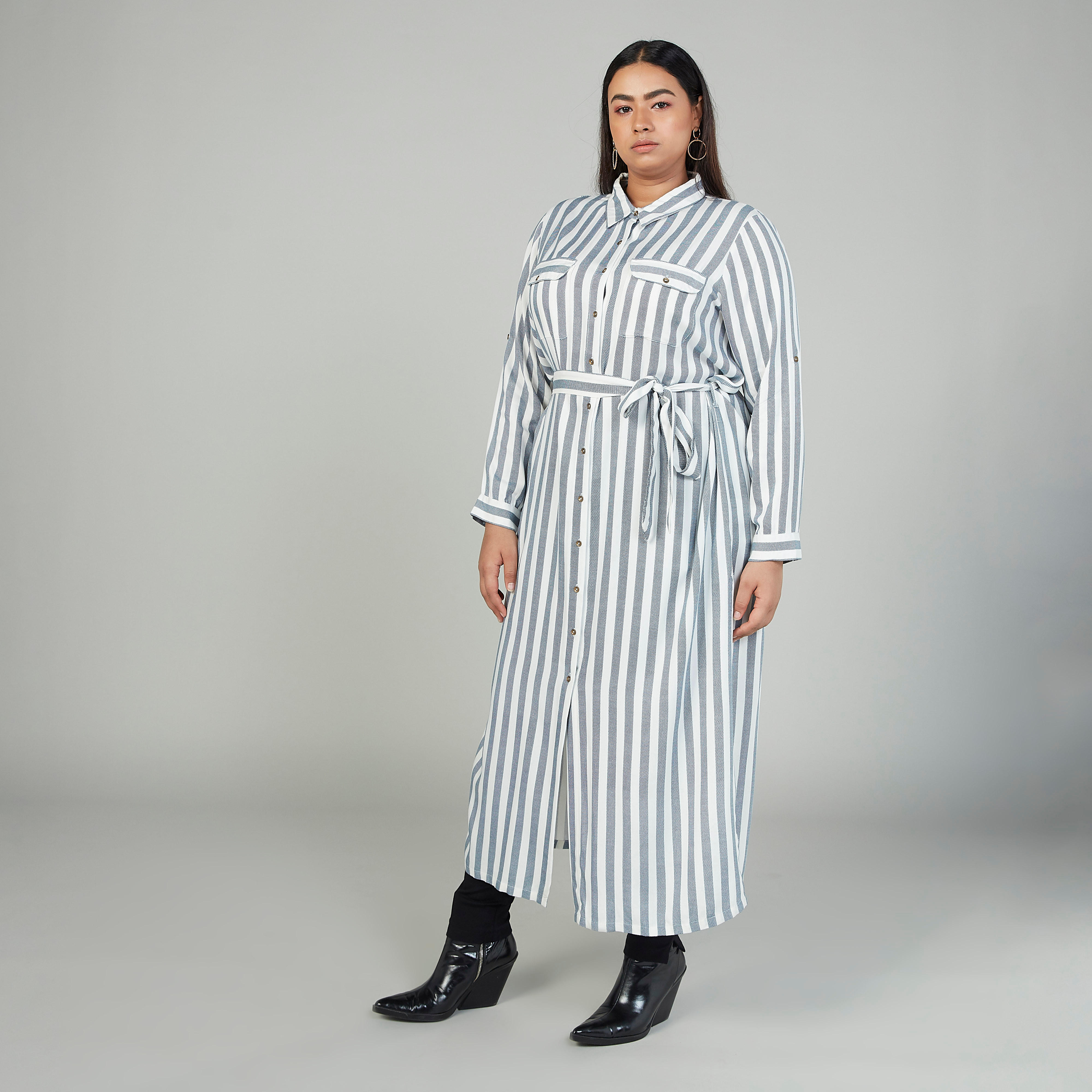 فستان قميص مقلم بأكمام طويلة وأربطة-women-clothing-dresses-image-1