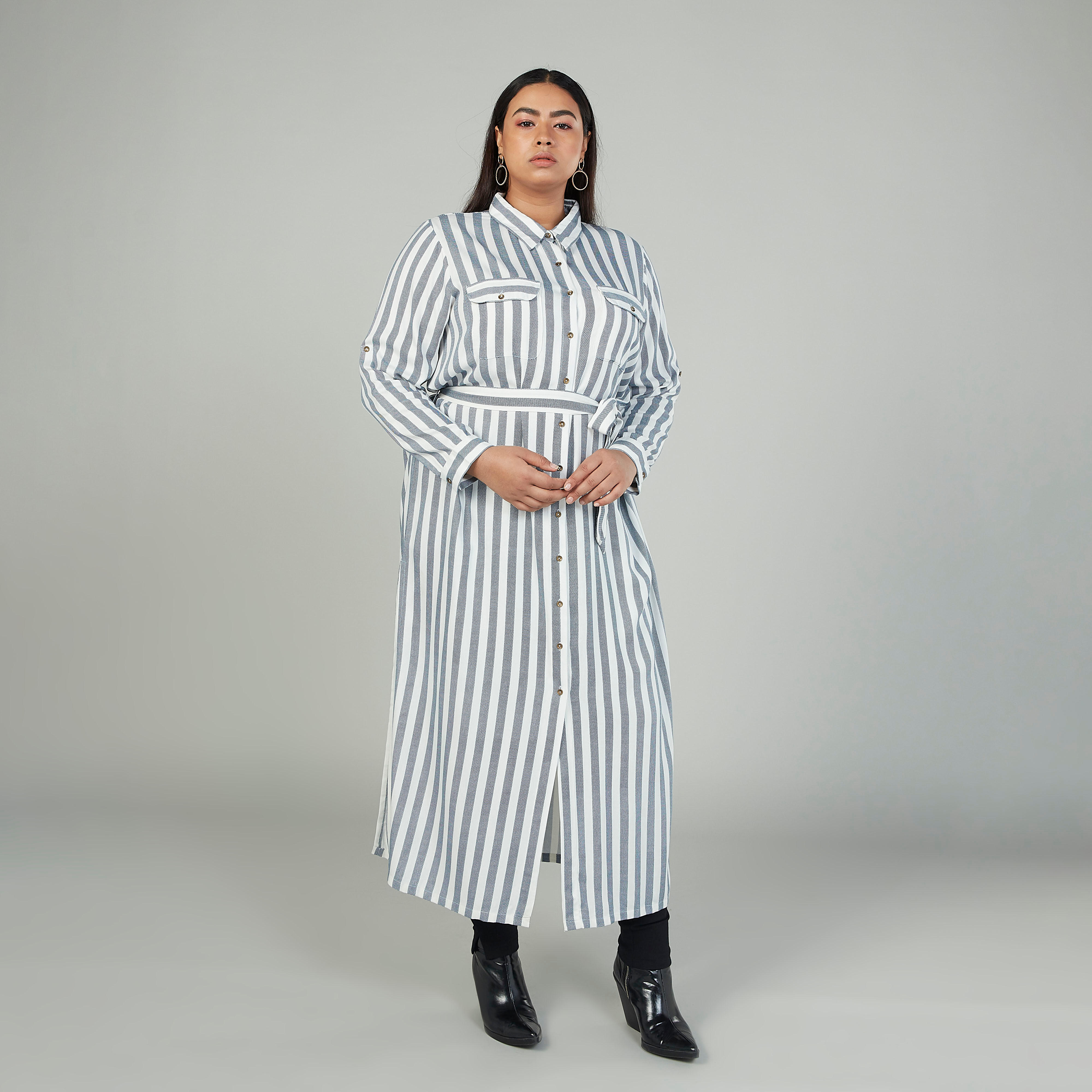 فستان قميص مقلم بأكمام طويلة وأربطة-women-clothing-dresses-image-2