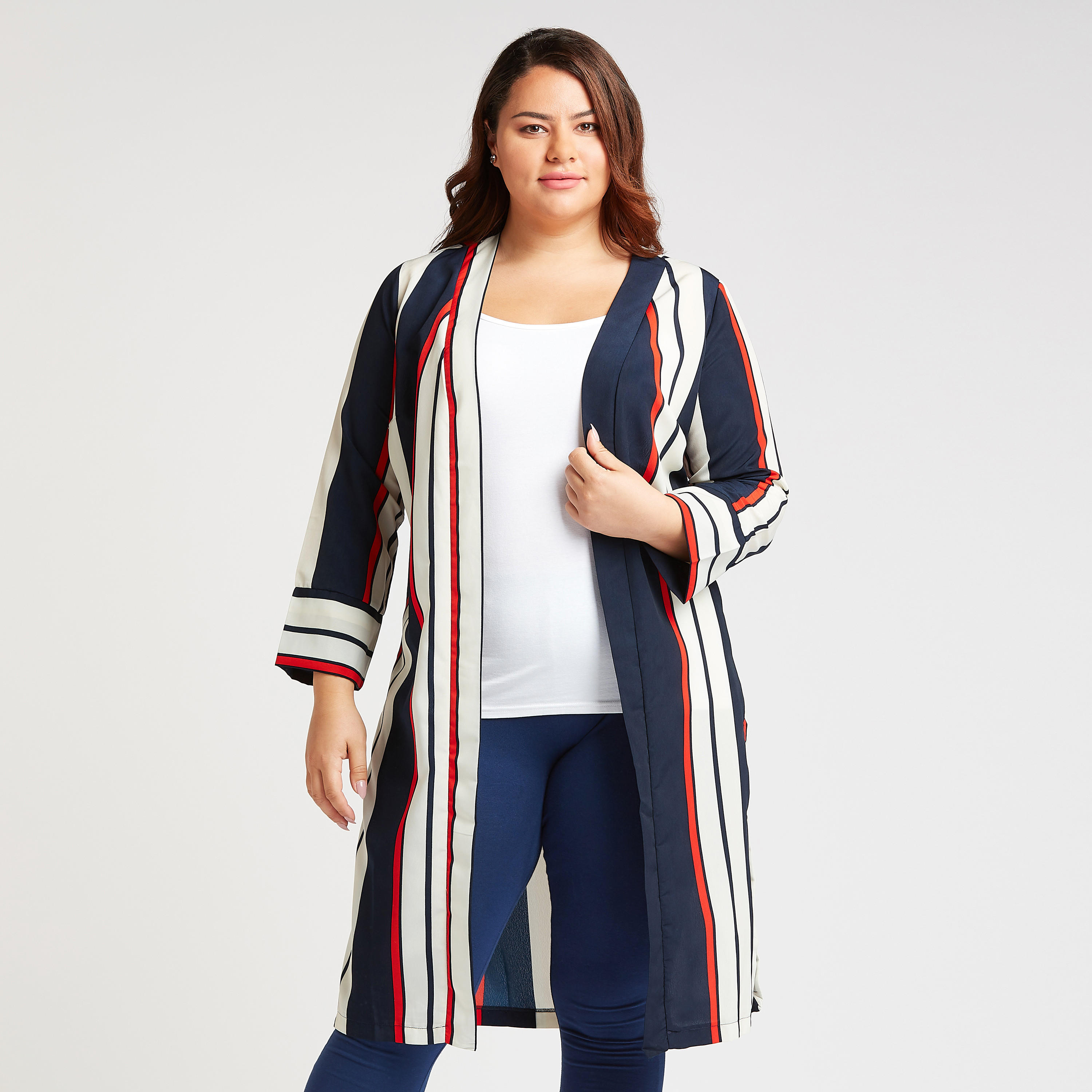 كارديجان طويل مخطط بأكمام طويلة وفتحات جانبية-women-winterwear-coatsandjackets-jackets-image-1