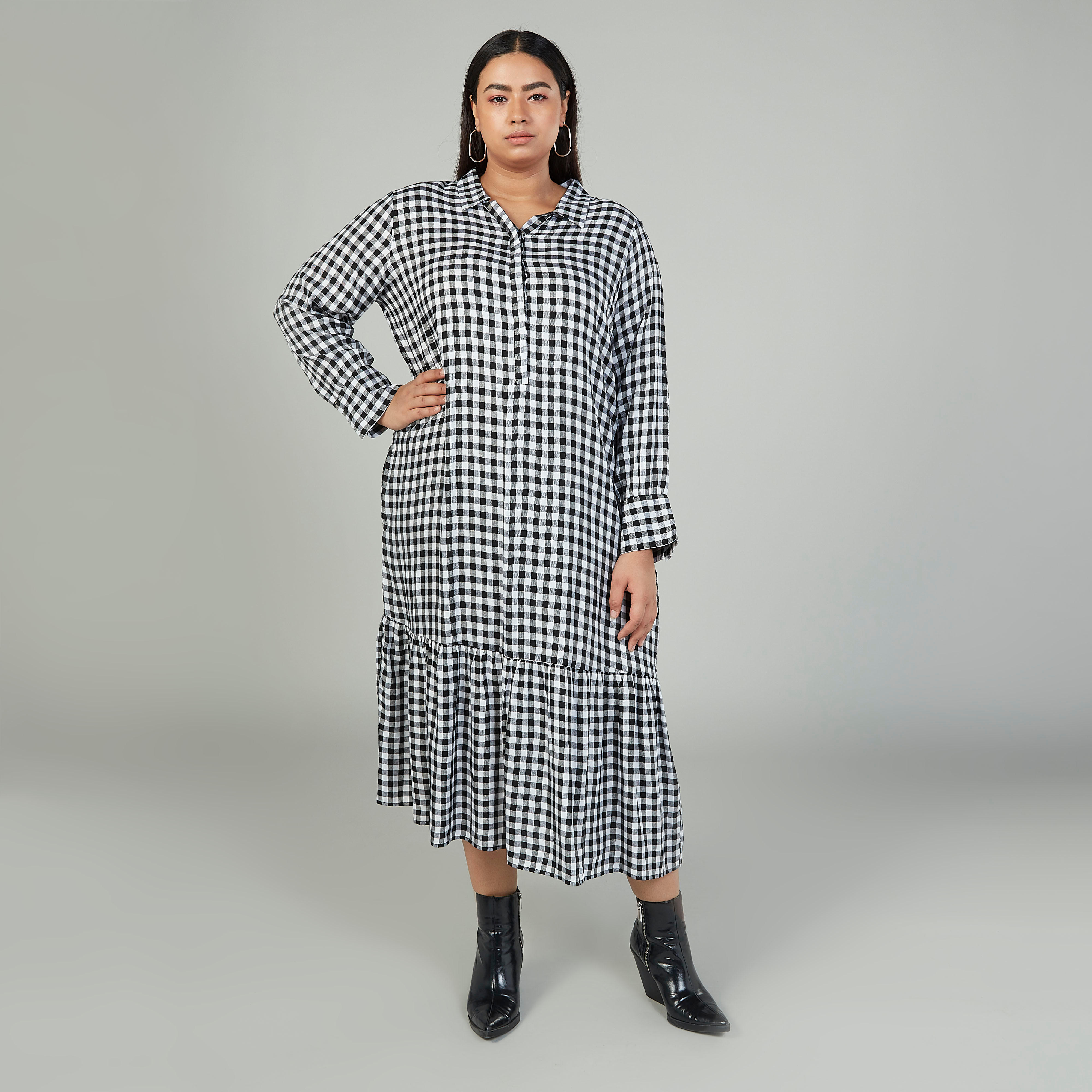 فستان ميدي إيه لاين كاروهات بأكمام طويلة وياقة عادية-women-clothing-dresses-image-1