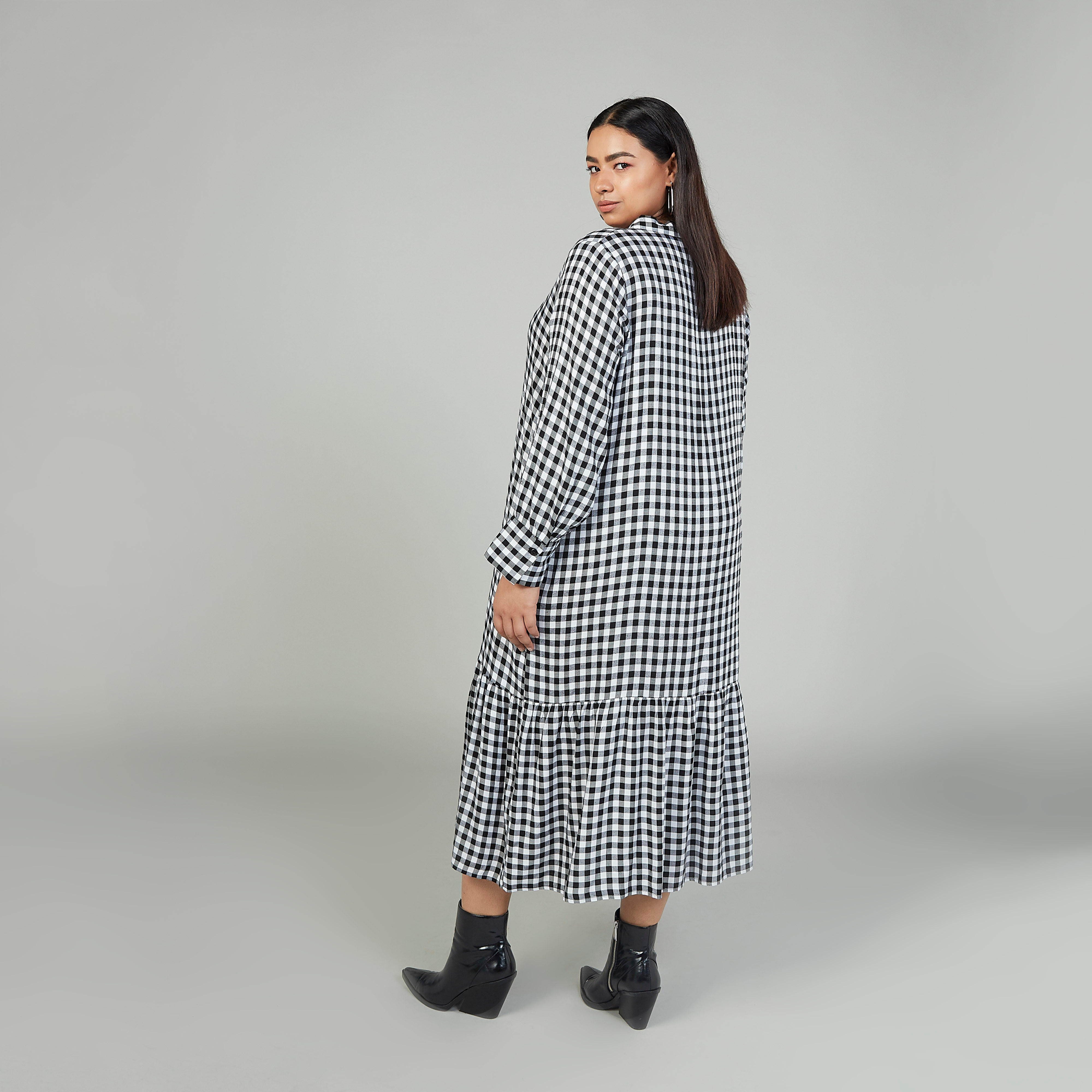 فستان ميدي إيه لاين كاروهات بأكمام طويلة وياقة عادية-women-clothing-dresses-image-2