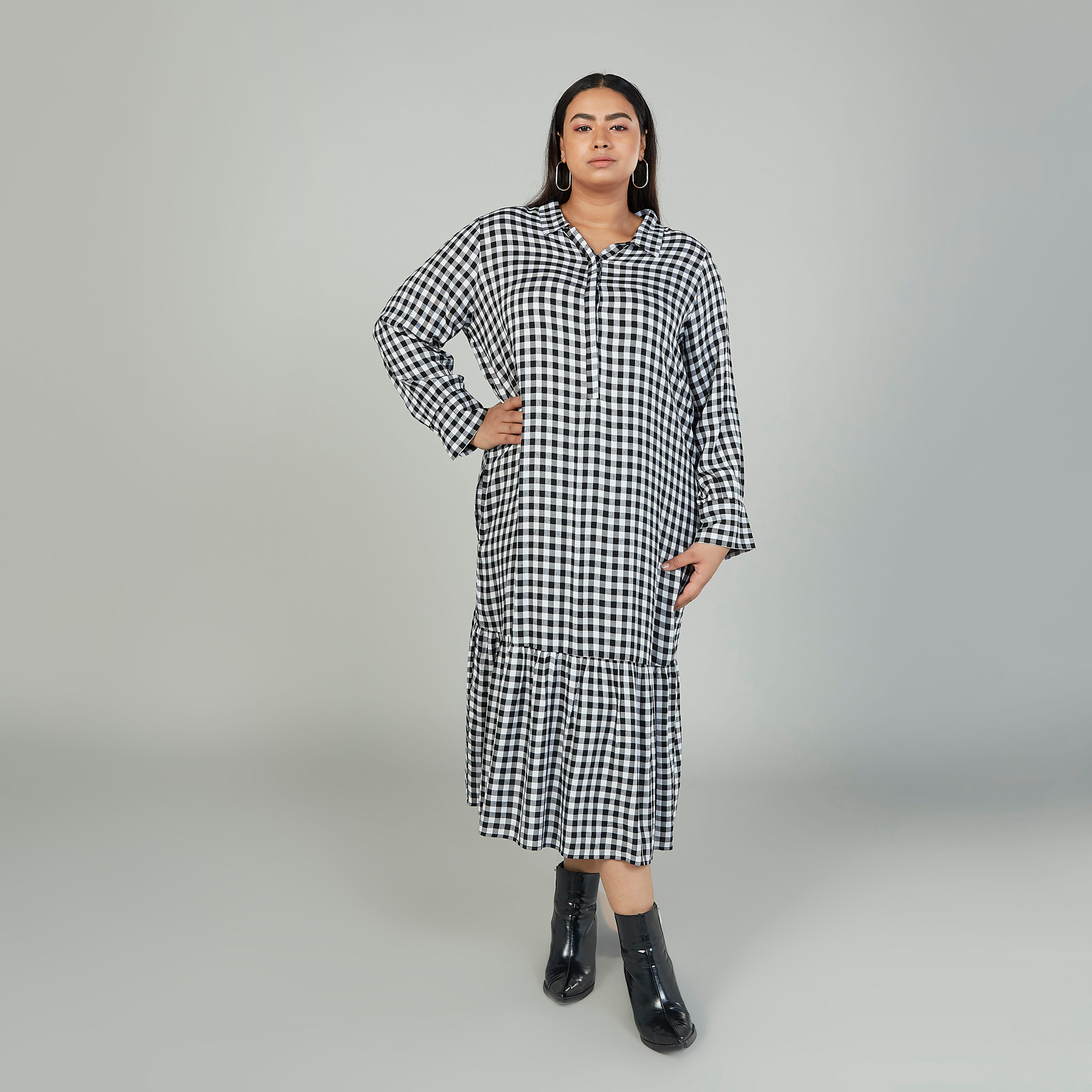 فستان ميدي إيه لاين كاروهات بأكمام طويلة وياقة عادية-women-clothing-dresses-image-4